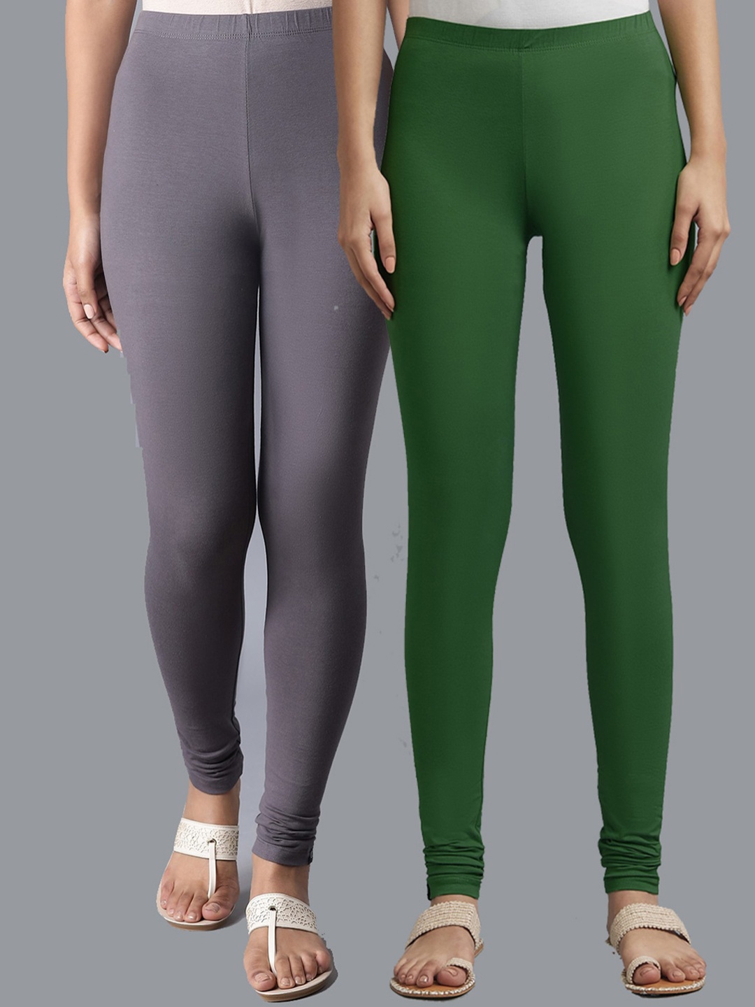 

KEX Women Pack Of 2 Green & Grey Solid Churidar Length Cotton Leggings