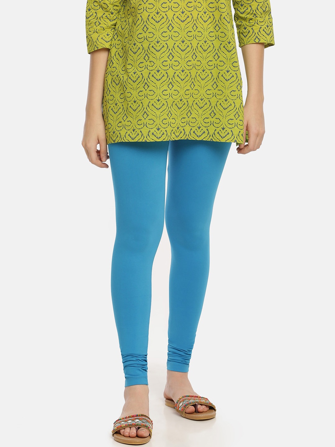 

KEX Women Blue Solid Cotton Slim-Fit Churidar-Length Leggings