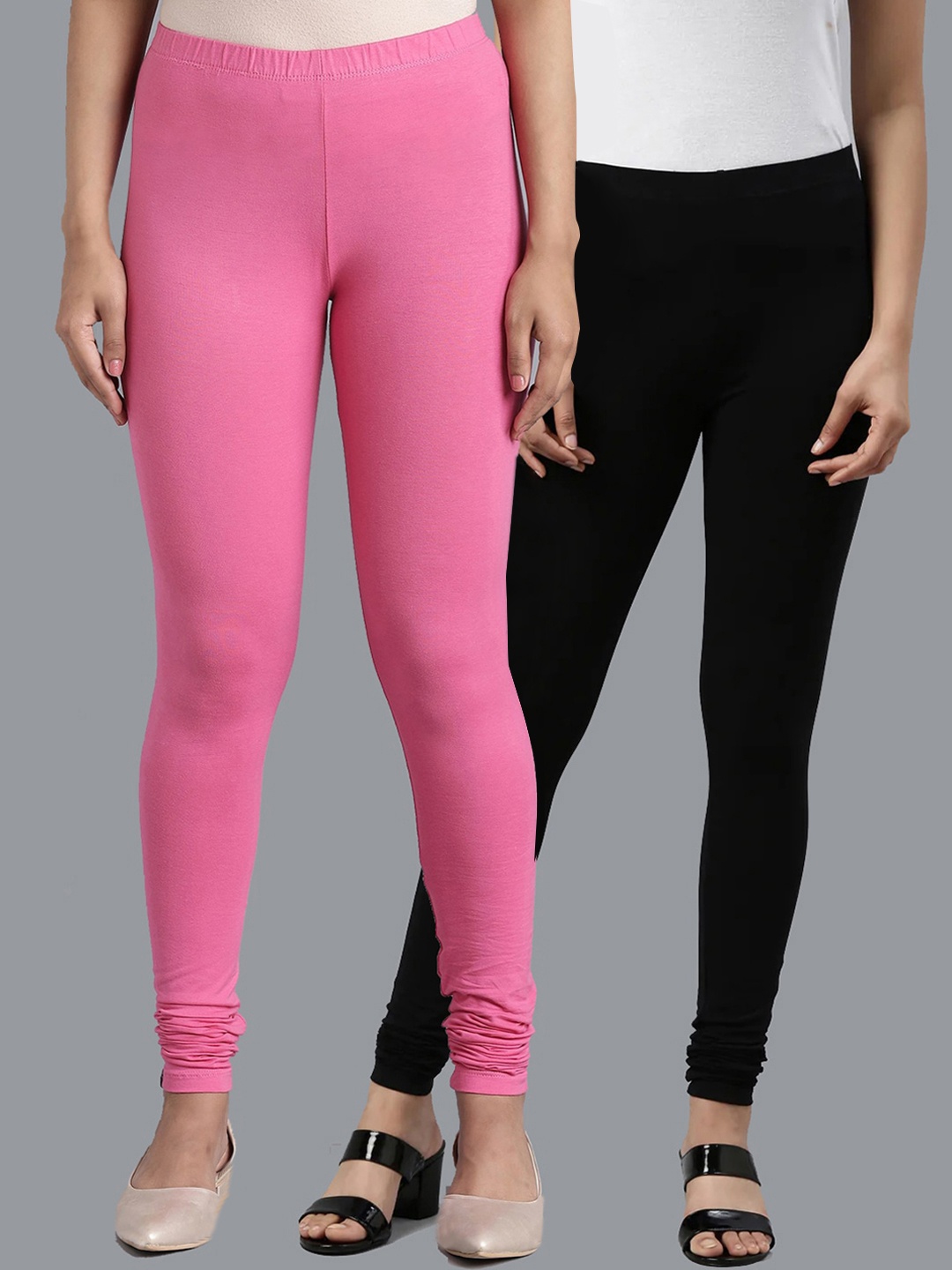 

KEX Women Pack Of 2 Black & Pink Solid Churidar Length Cotton Leggings