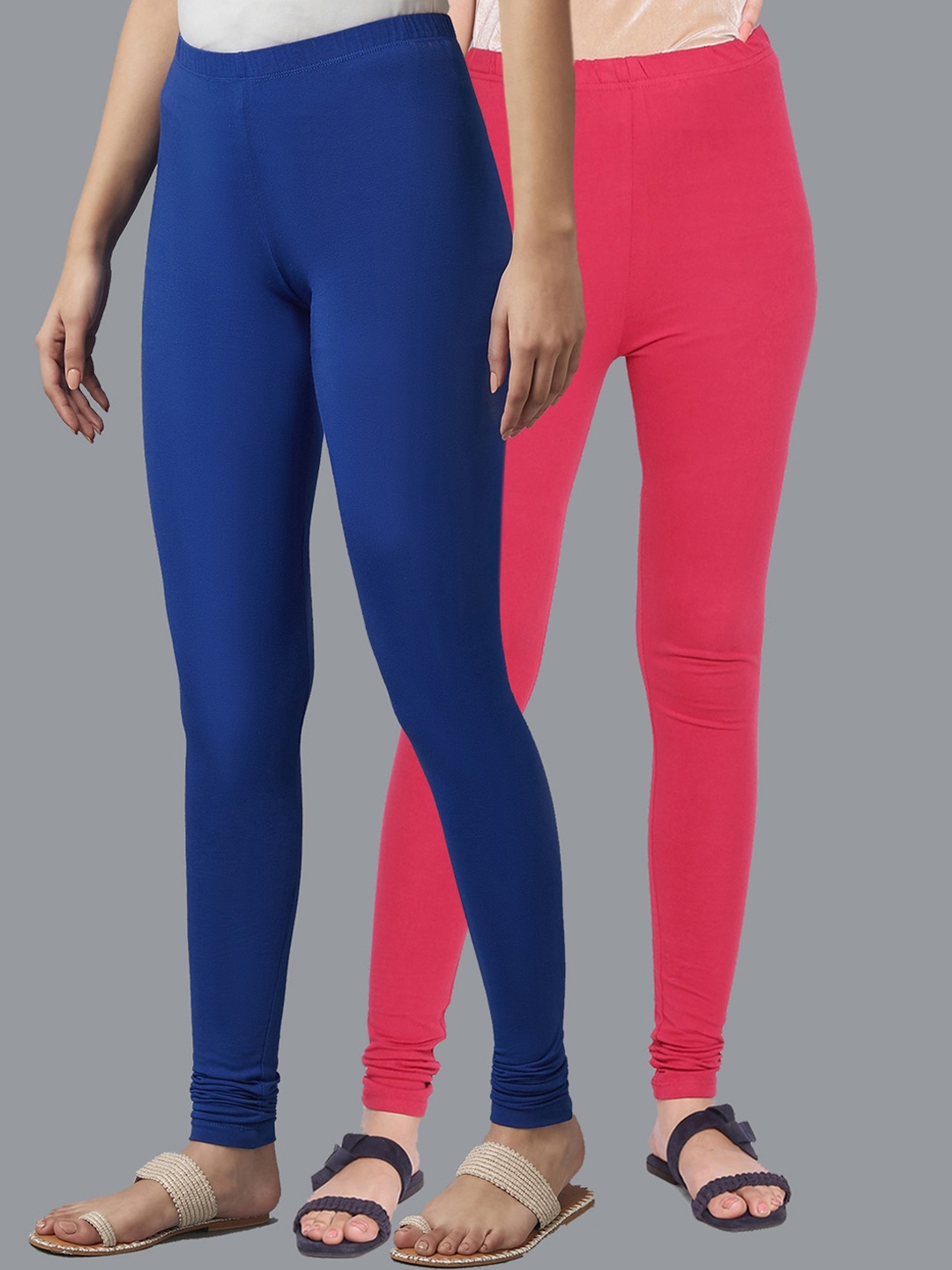 

KEX Women Pack Of 2 Blue And Pink Solid Cotton Churidar-Length Leggings