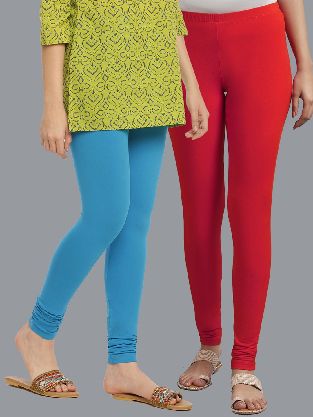 

KEX Women Pack Of 2 Blue And Red Solid Cotton Churidar-Length Leggings