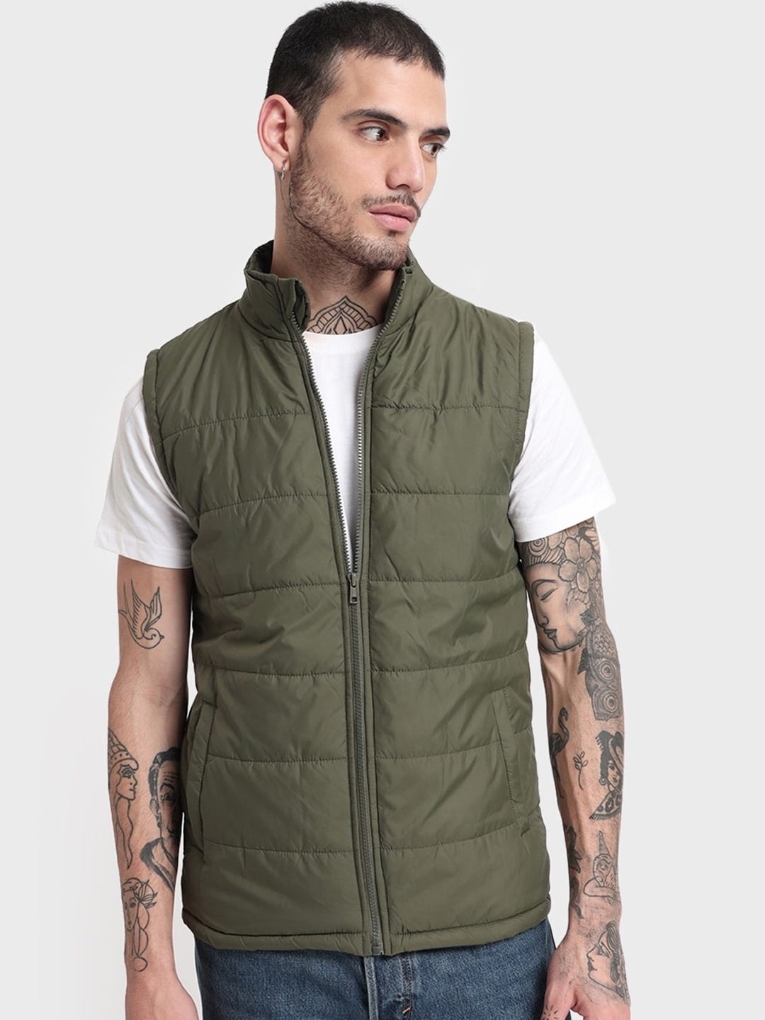 

Bewakoof Plus Men Plus Size Olive Green Lightweight Padded Jacket