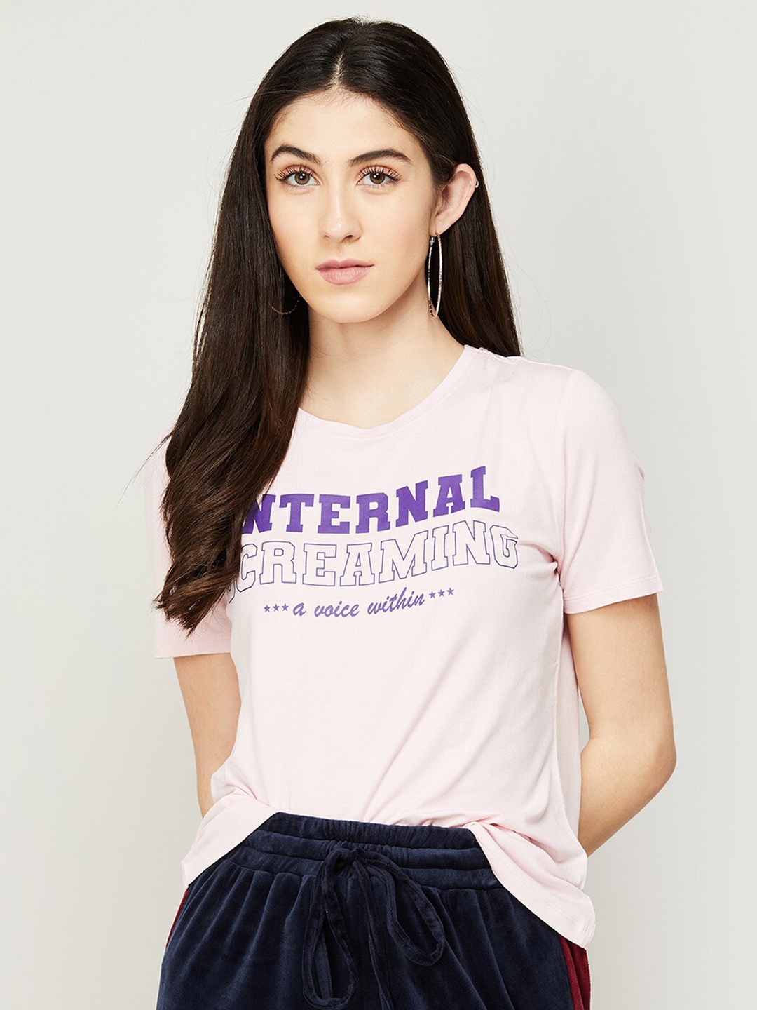 

Ginger by Lifestyle Women Purple Typography Printed Round Neck T-shirt