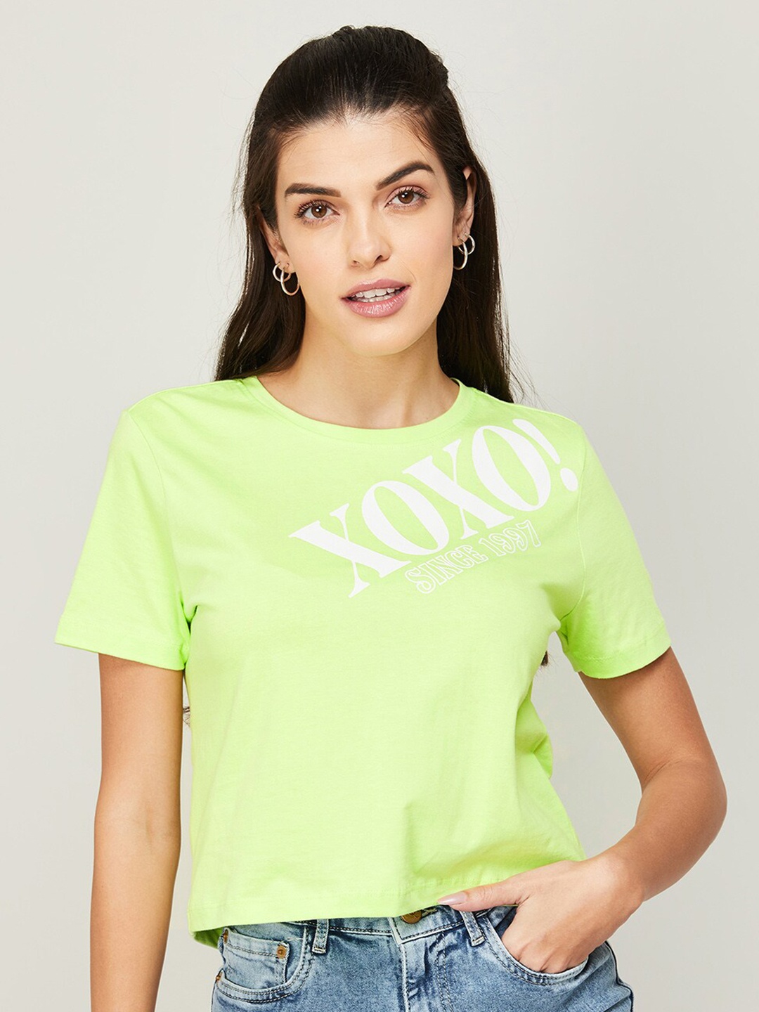 

Ginger by Lifestyle Women Green Typography Printed Round Neck Cotton T-shirt