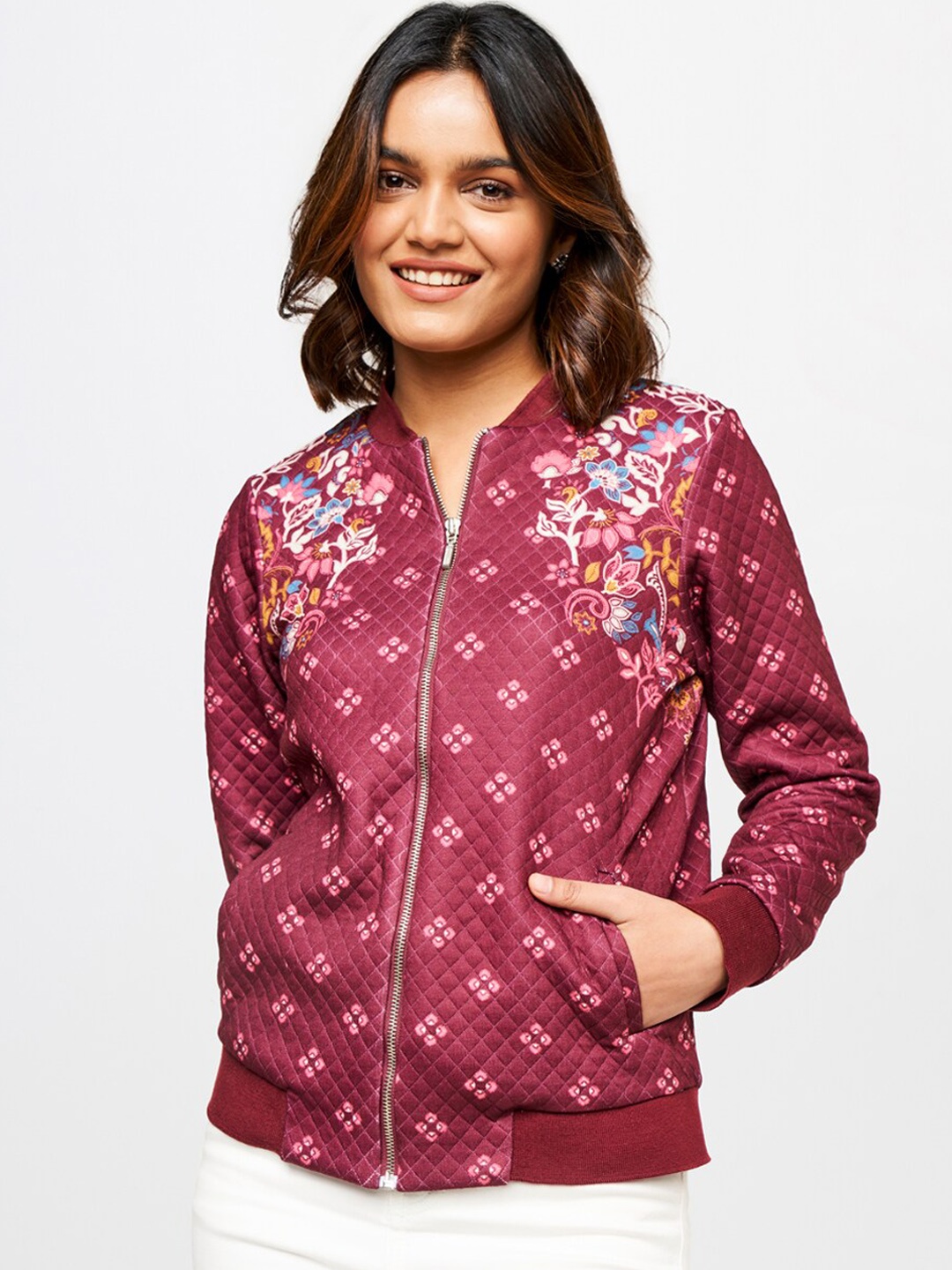 

Global Desi Women Maroon Floral Printed Bomber Jacket