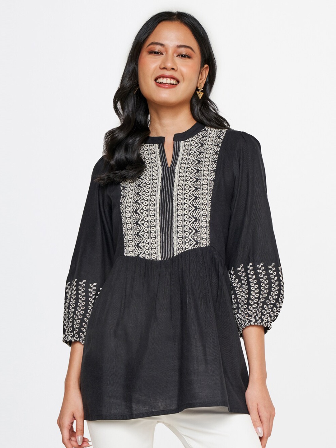 

Global Desi Black Ethnic Printed Mandarin Collar Top