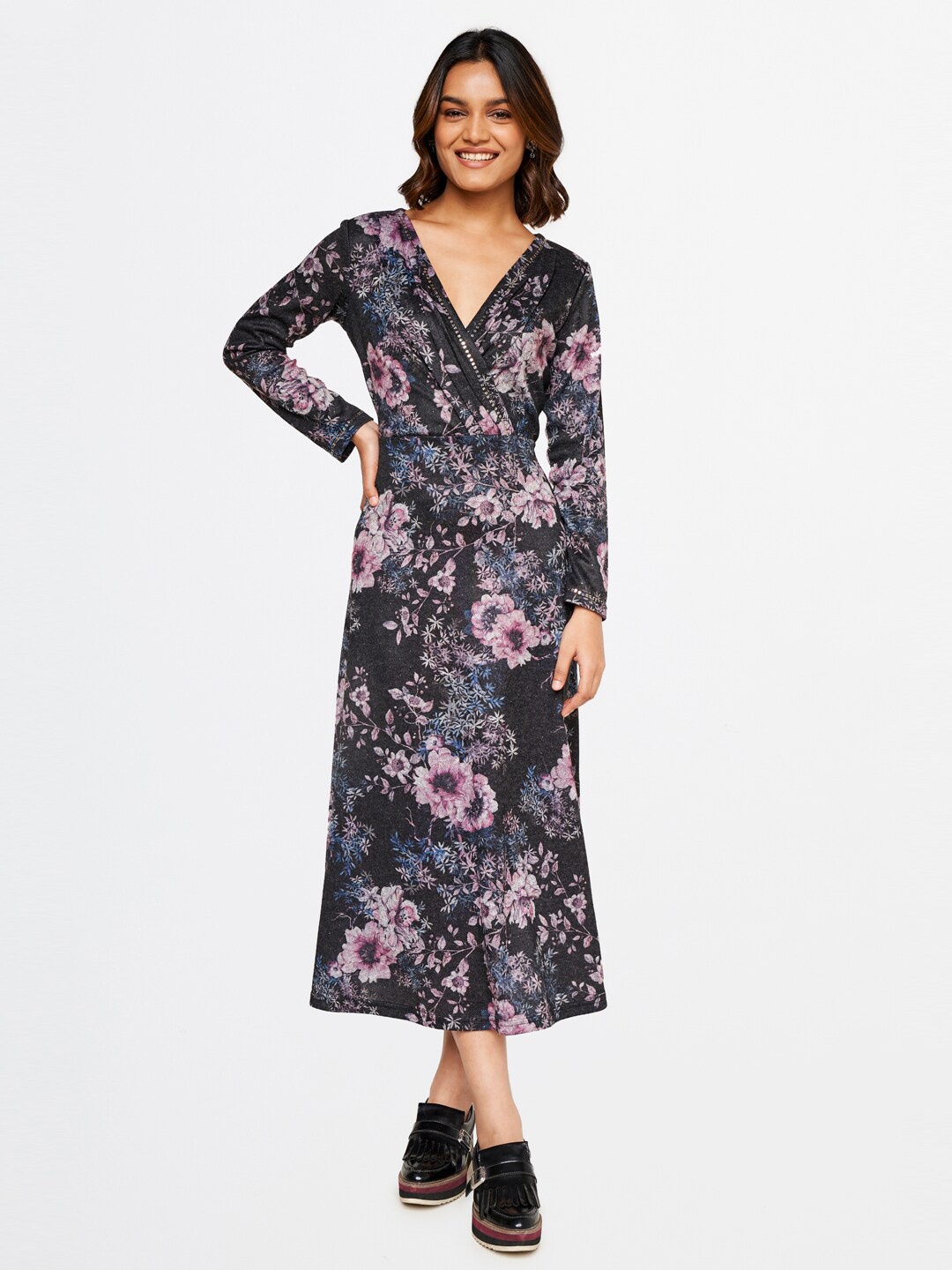 Global Desi Grey & Pink Floral Midi Dress