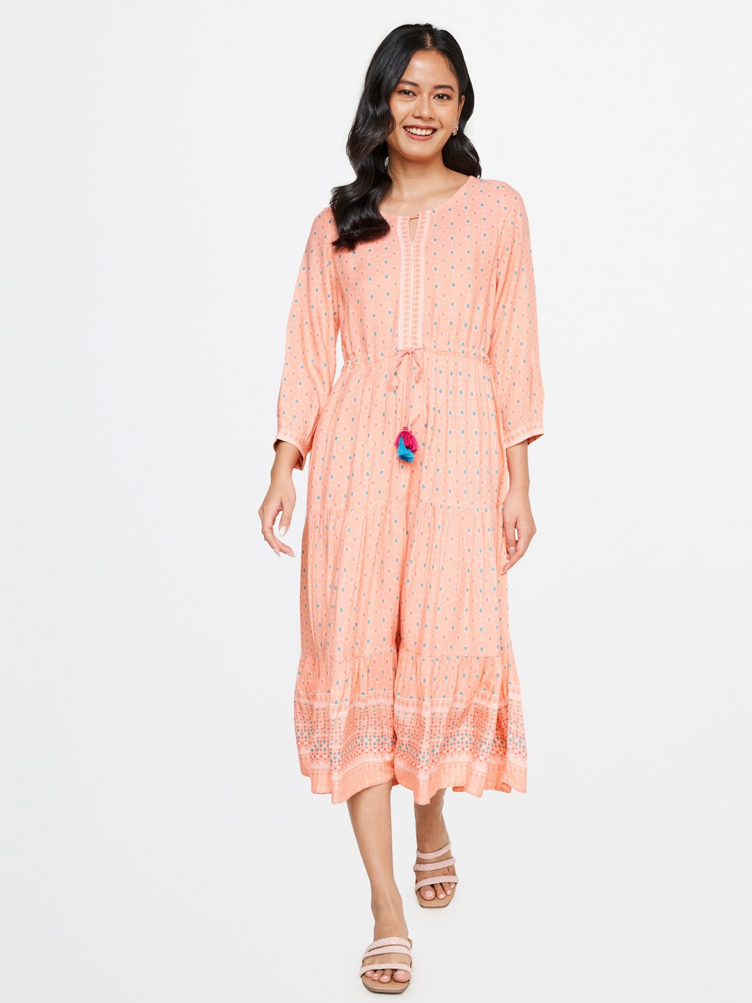 

Global Desi Pink Keyhole Neck Midi Dress