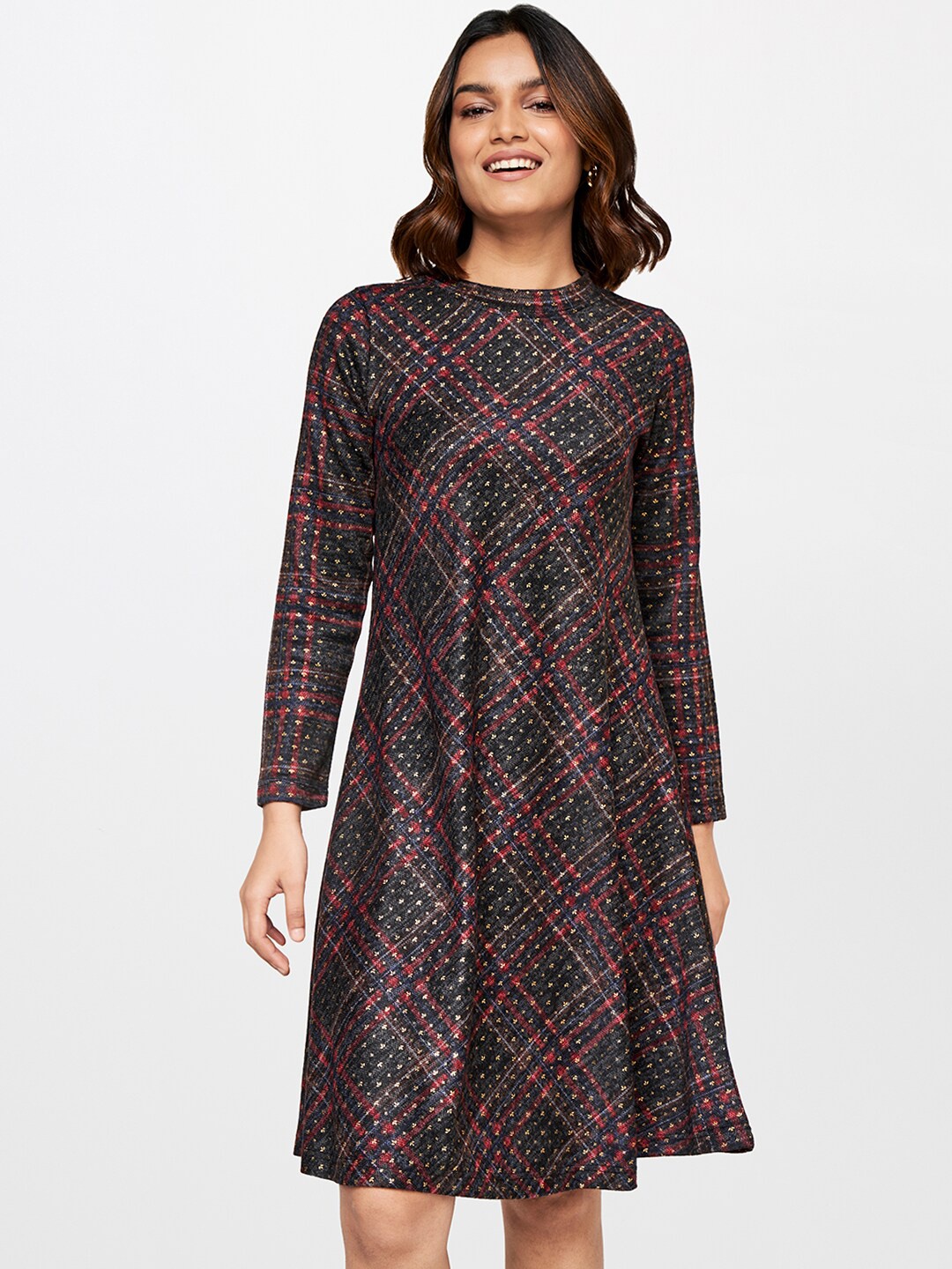 

Global Desi Women Charcoal & Pink Checked High Neck A-Line Dress