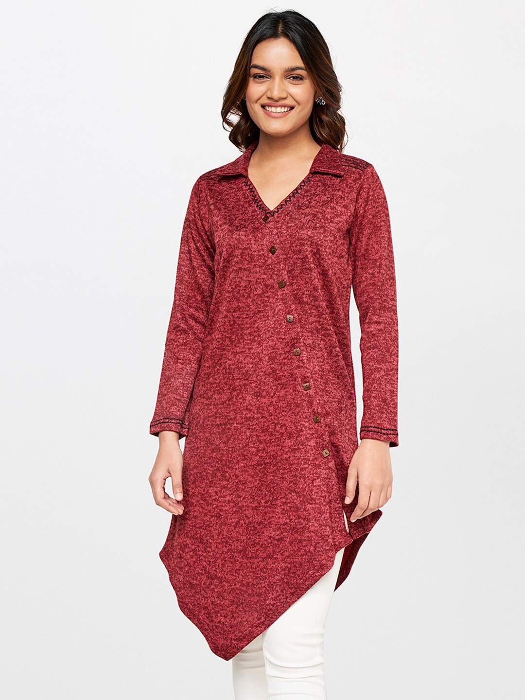 

Global Desi Women Maroon Solid Shirt Collar Long Sleeves Tunic
