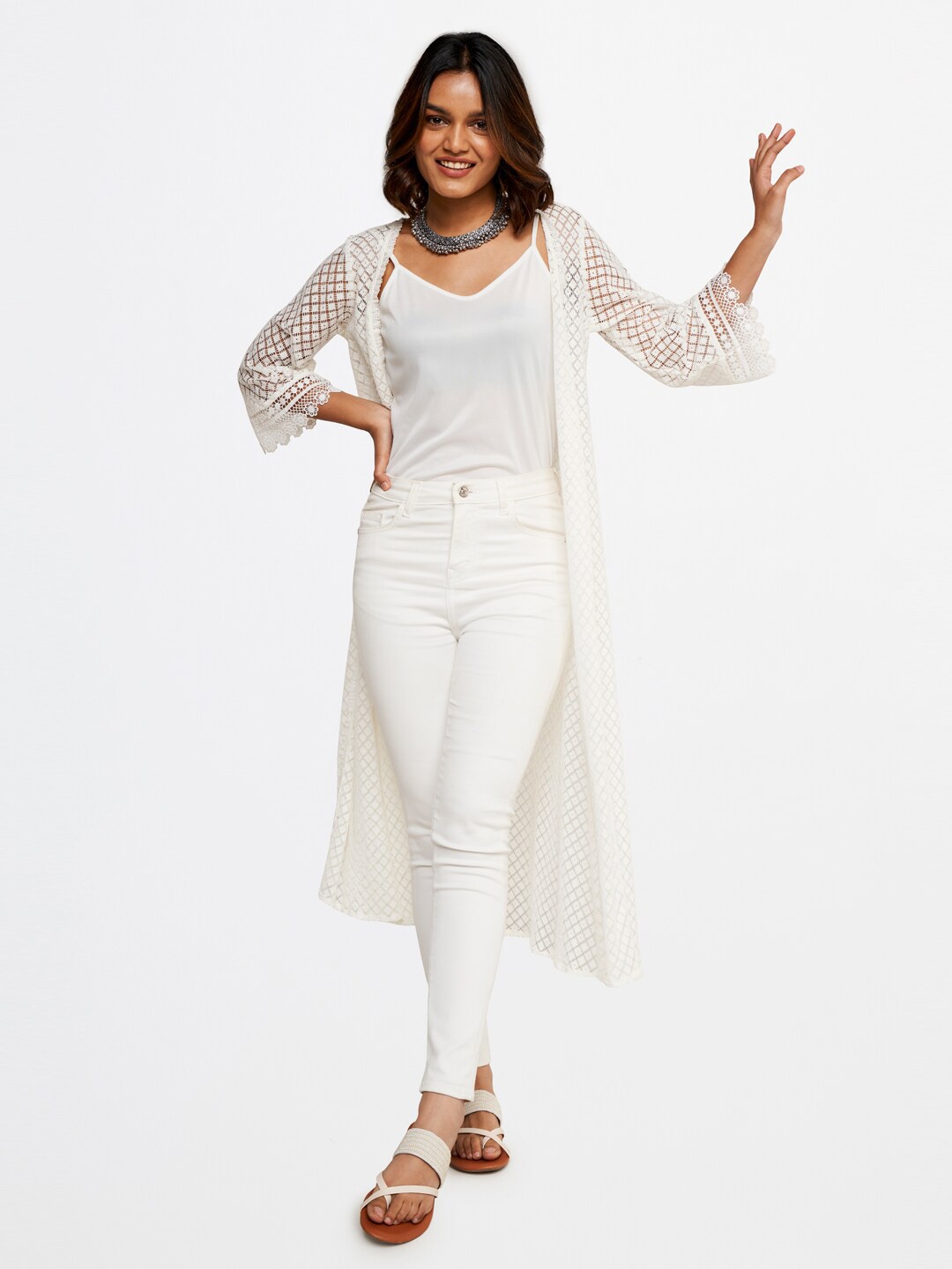 

Global Desi Women Off White Self Design Cotton Open Front Longline Shrug