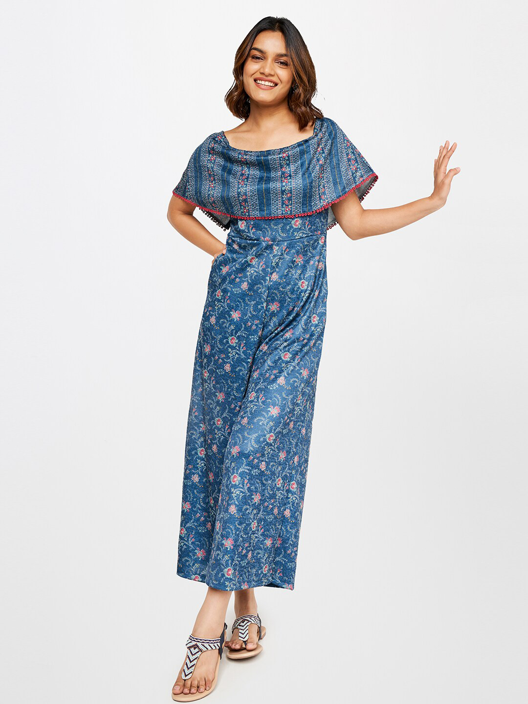 

Global Desi Women Blue & Red Floral Printed Basic Jumpsuit