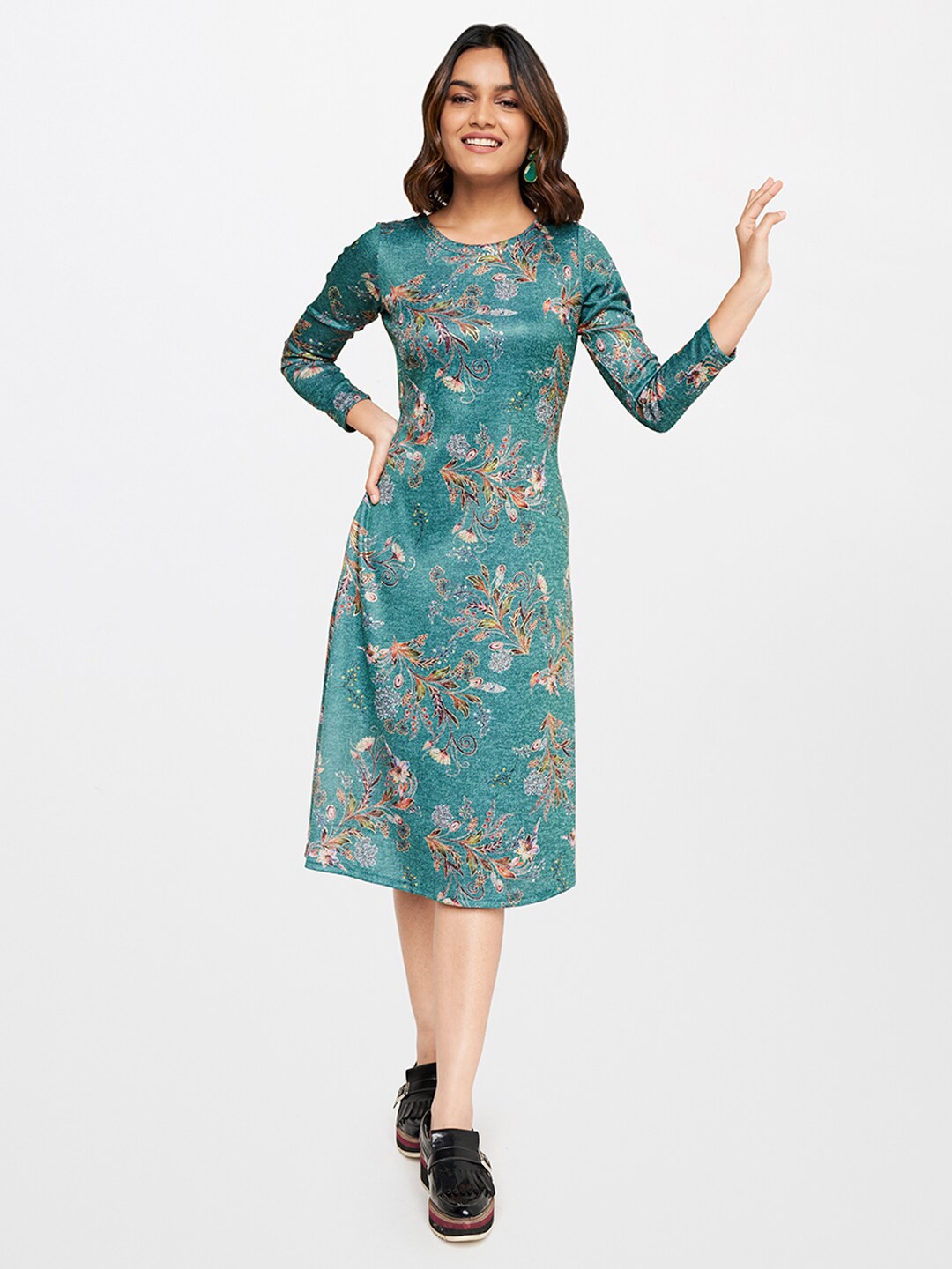 

Global Desi Green Floral A-Line Midi Dress