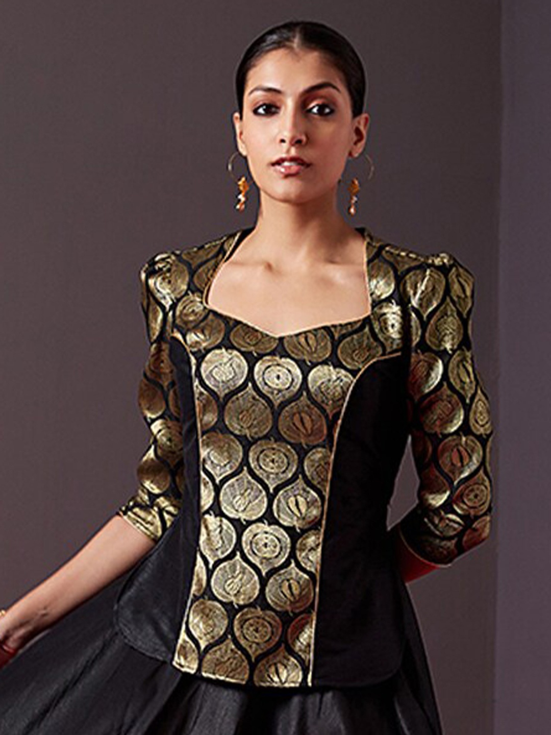 

Abhishti Women Puff Sleeve Banarasi Top, Black