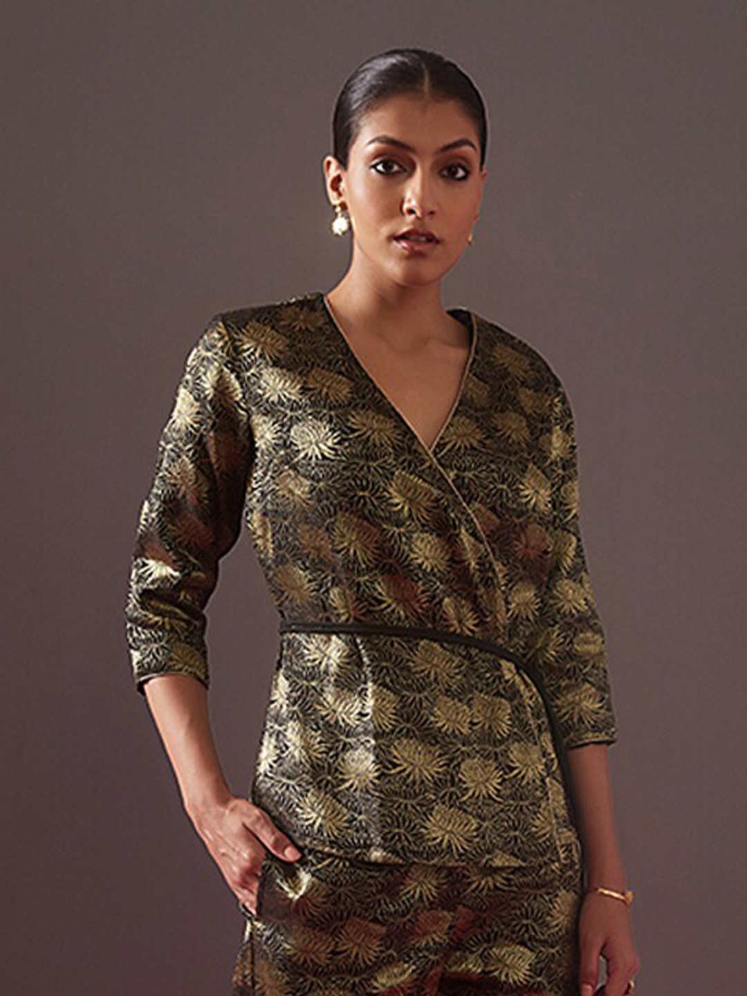 

Abhishti Zari Woven Design Banarasi Wrap Top with Tie Up Detail, Black