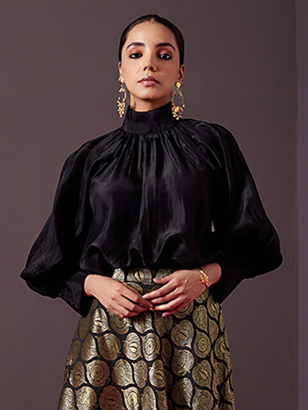 

Abhishti Black Bishop Sleeves Pure Silk Cape Top