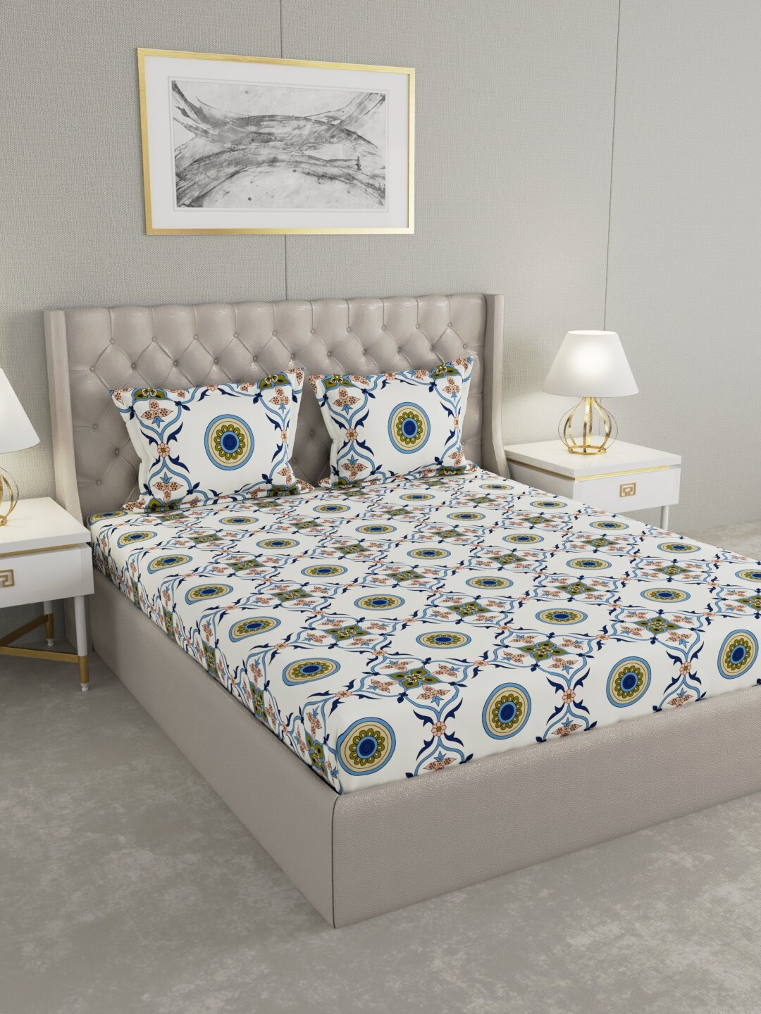 

Raymond Home White & Green Ethnic Motifs 100 TC King Bedsheet with 2 Pillow Covers
