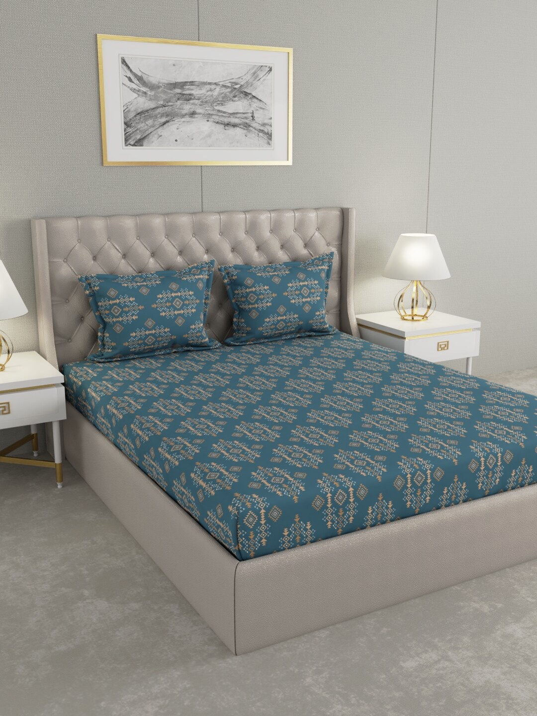 

Raymond Home Blue & Beige Ethnic Motifs 100 TC King Bedsheet with 2 Pillow Covers