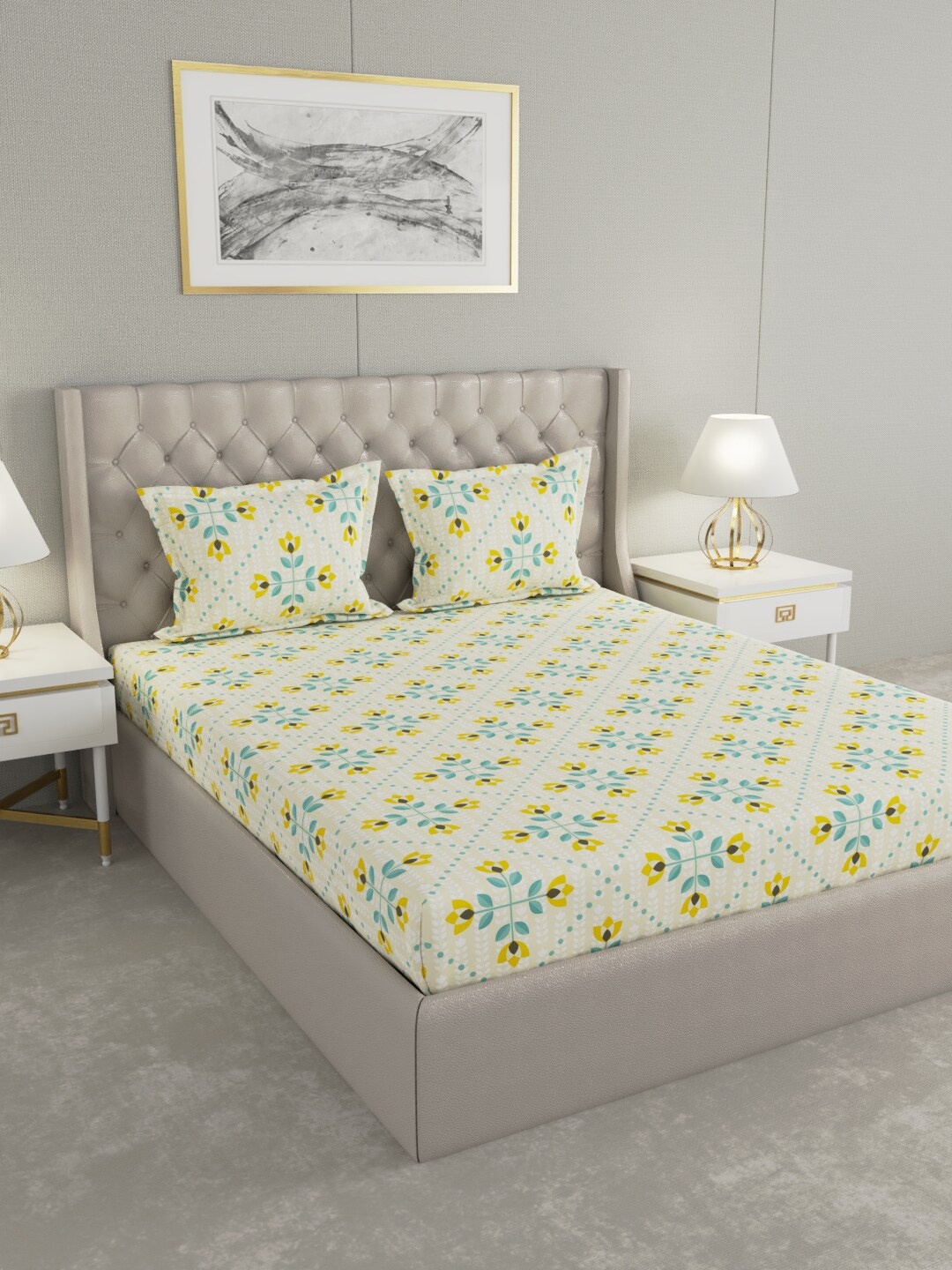 

Raymond Home Yellow & Blue Floral 100 TC King Bedsheet with 2 Pillow Covers