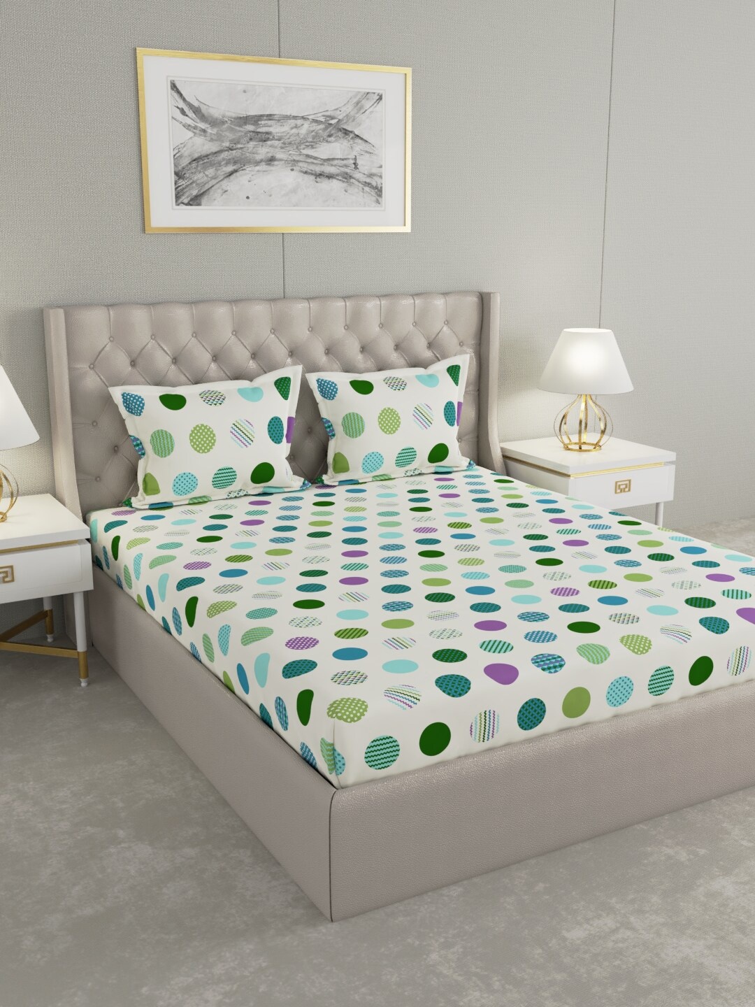 

Raymond Home White & Green Geometric 100 TC King Bedsheet with 2 Pillow Covers