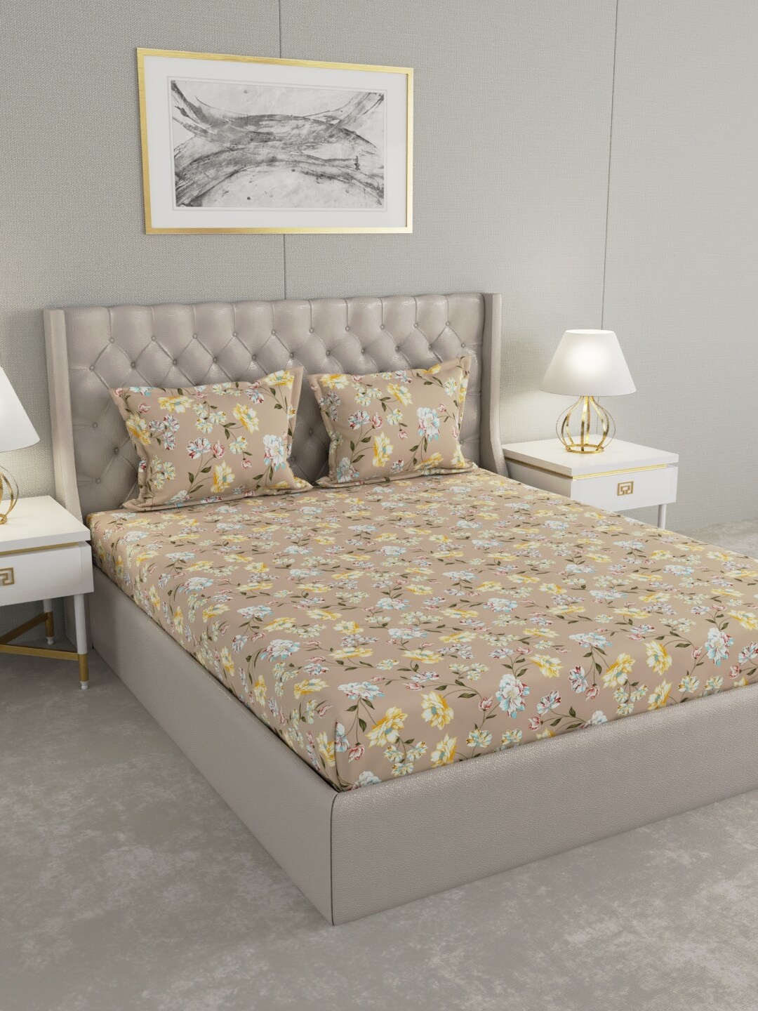 

Raymond Home Brown & Mustard Floral 100 TC King Bedsheet with 2 Pillow Covers