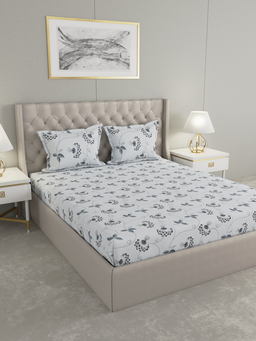 

Raymond Home Grey & Black Floral 100 TC King Bedsheet with 2 Pillow Covers