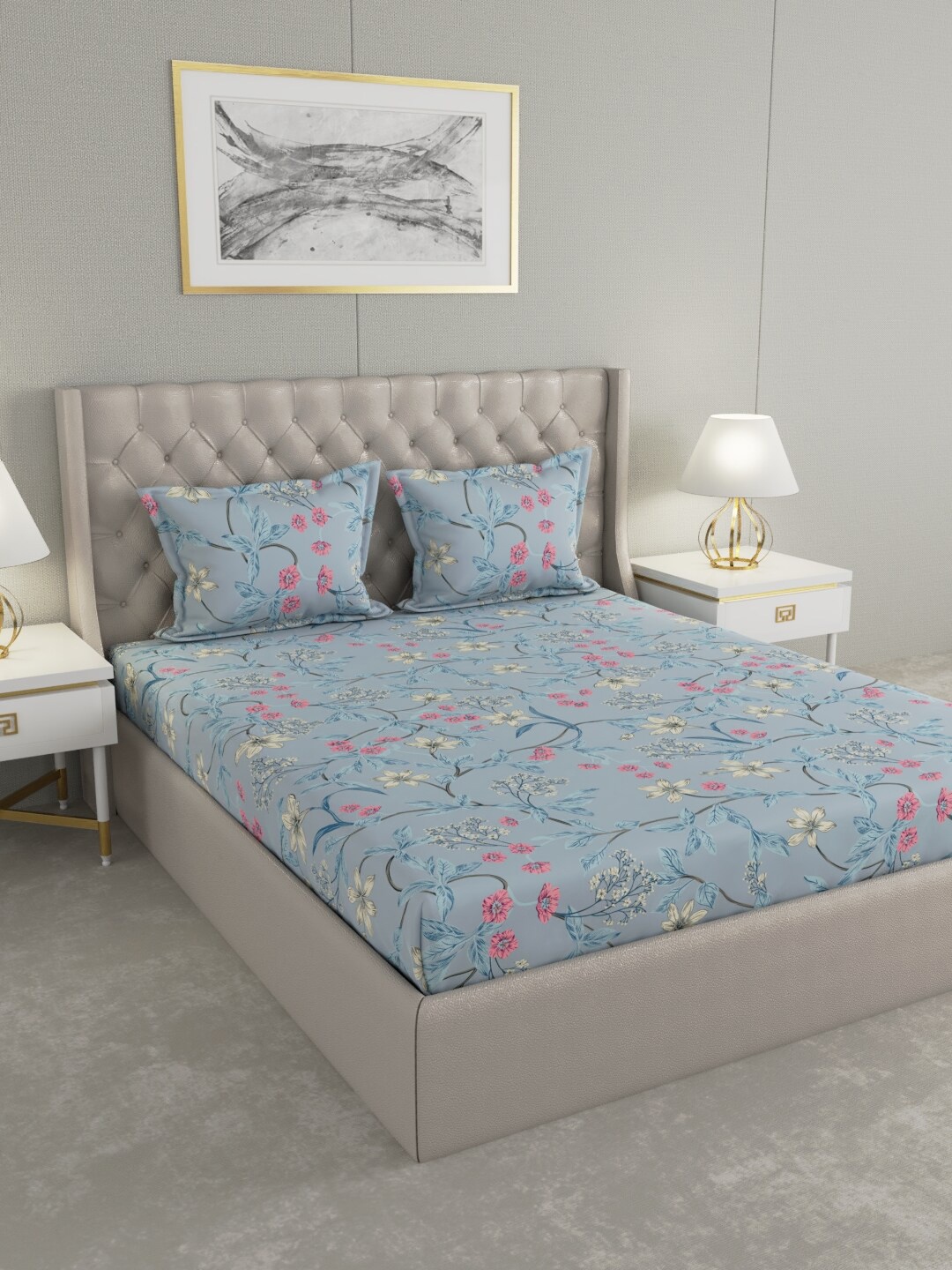 

Raymond Home Blue & Yellow Floral 100 TC King Bedsheet with 2 Pillow Covers