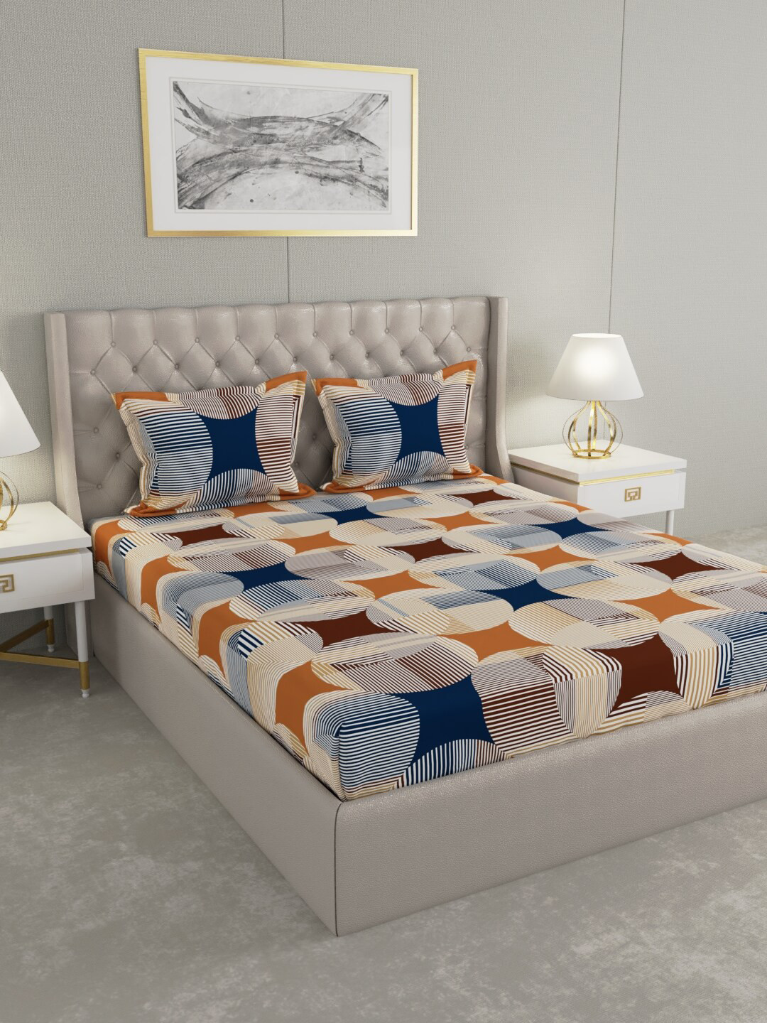 

Raymond Home Beige & Blue Geometric 100 TC King Bedsheet with 2 Pillow Covers