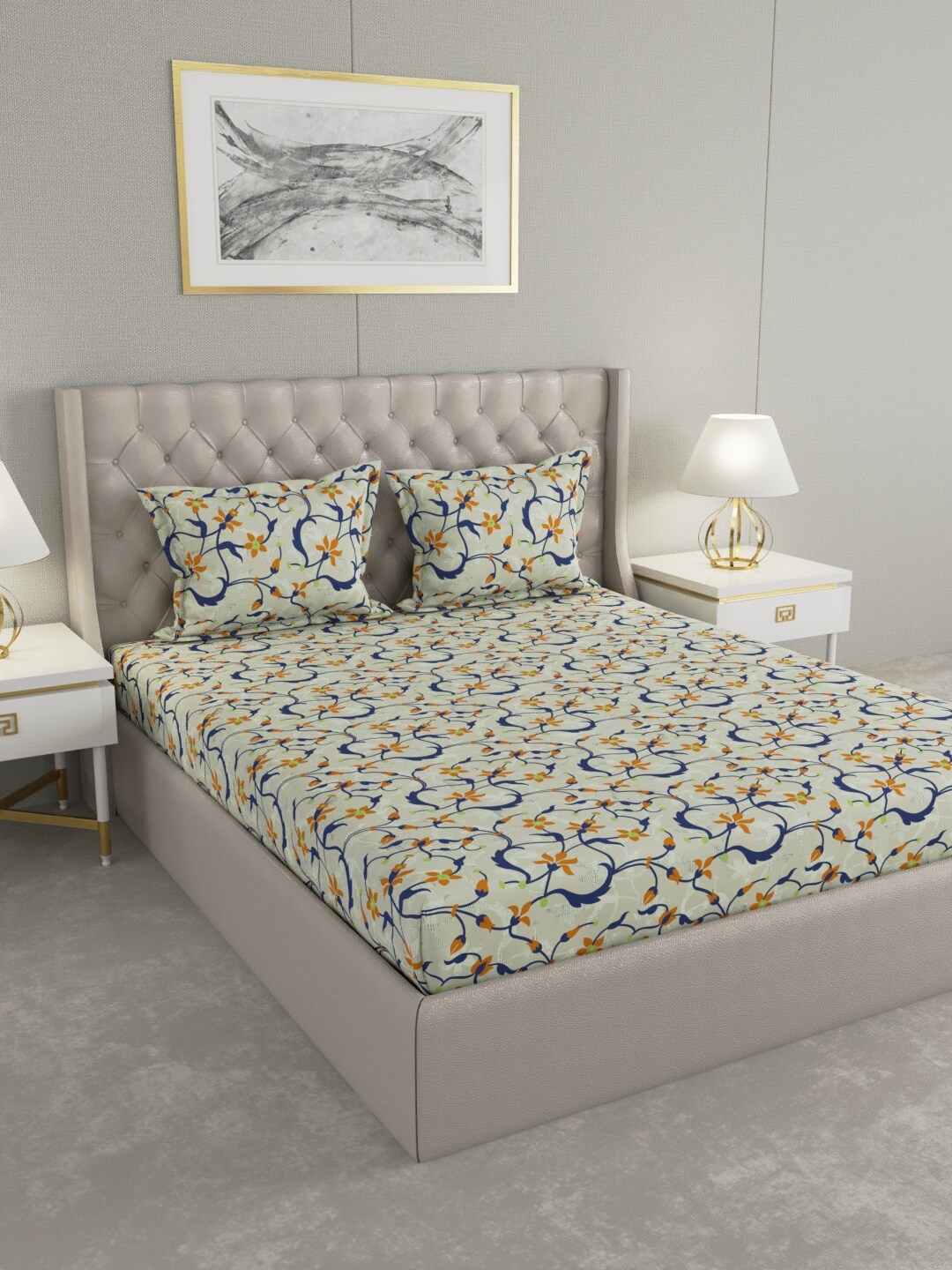 

Raymond Home Blue & Orange Floral 100 TC King Bedsheet with 2 Pillow Covers