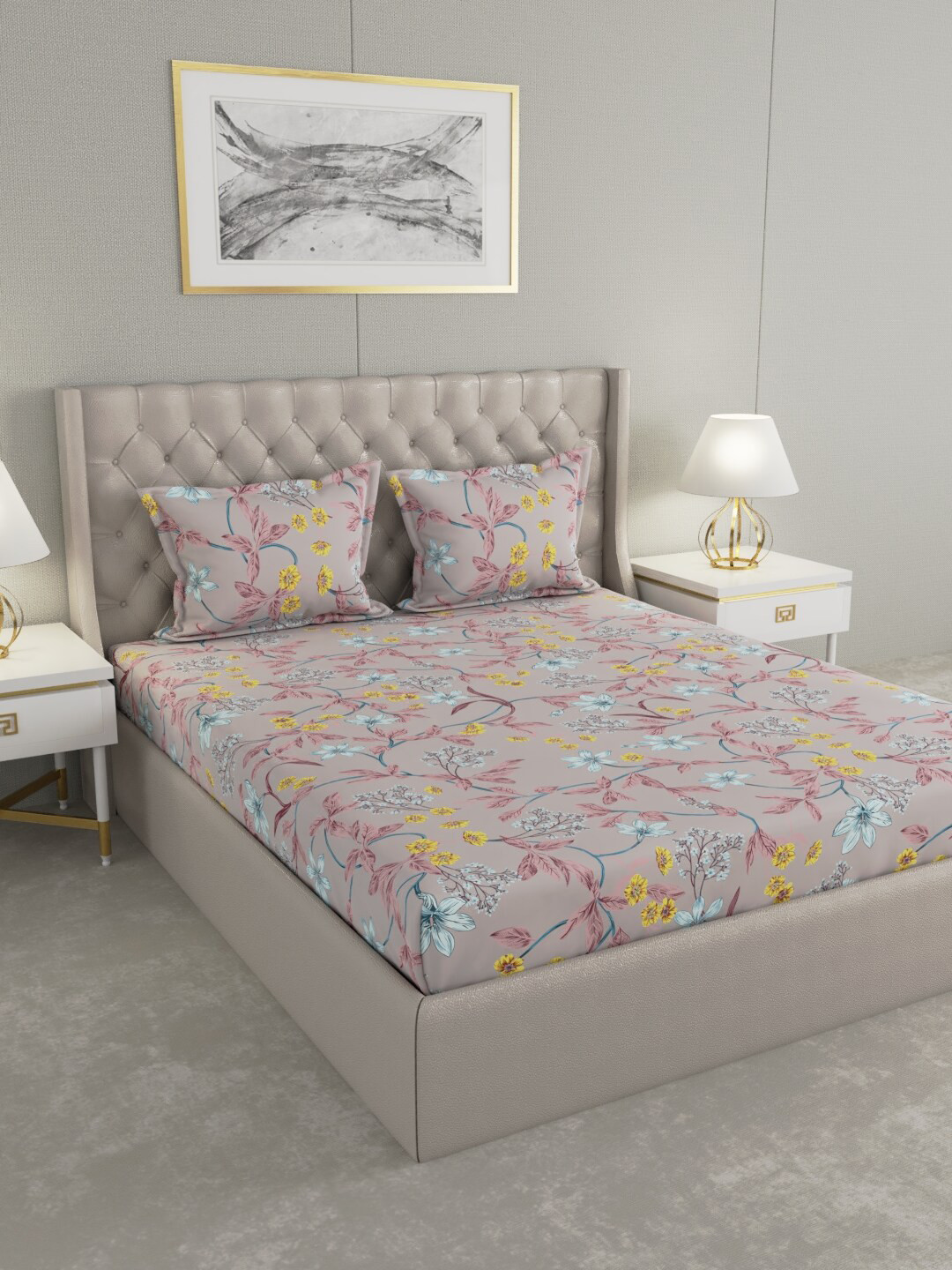 

Raymond Home Brown & Pink Floral 100 TC King Bedsheet with 2 Pillow Covers