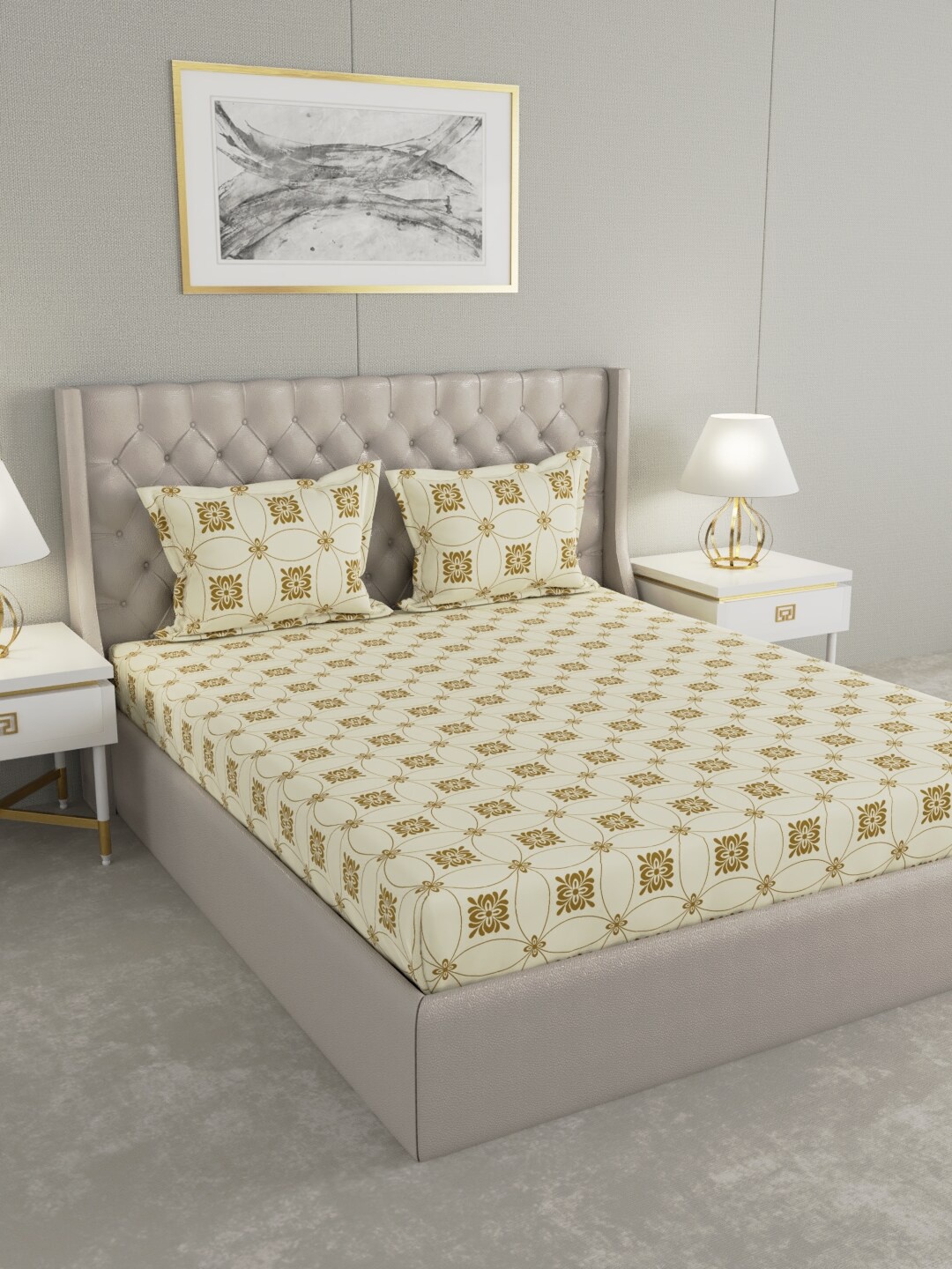 Raymond Home Beige & Green Printed 100 TC King Bedsheet with 2 Pillow Covers