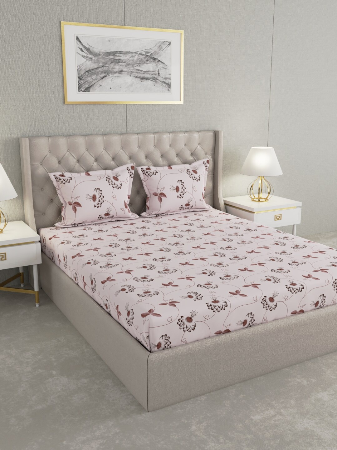 

Raymond Home Brown & Pink Floral 100 TC King Bedsheet with 2 Pillow Covers