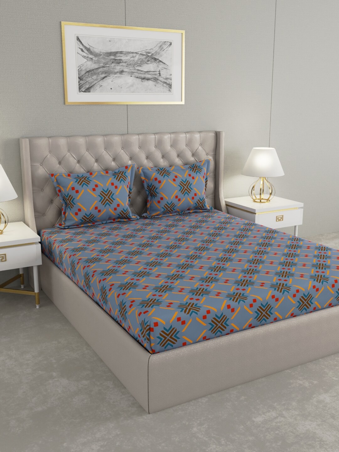 

Raymond Home Purple & Yellow Geometric 100 TC King Bedsheet with 2 Pillow Covers