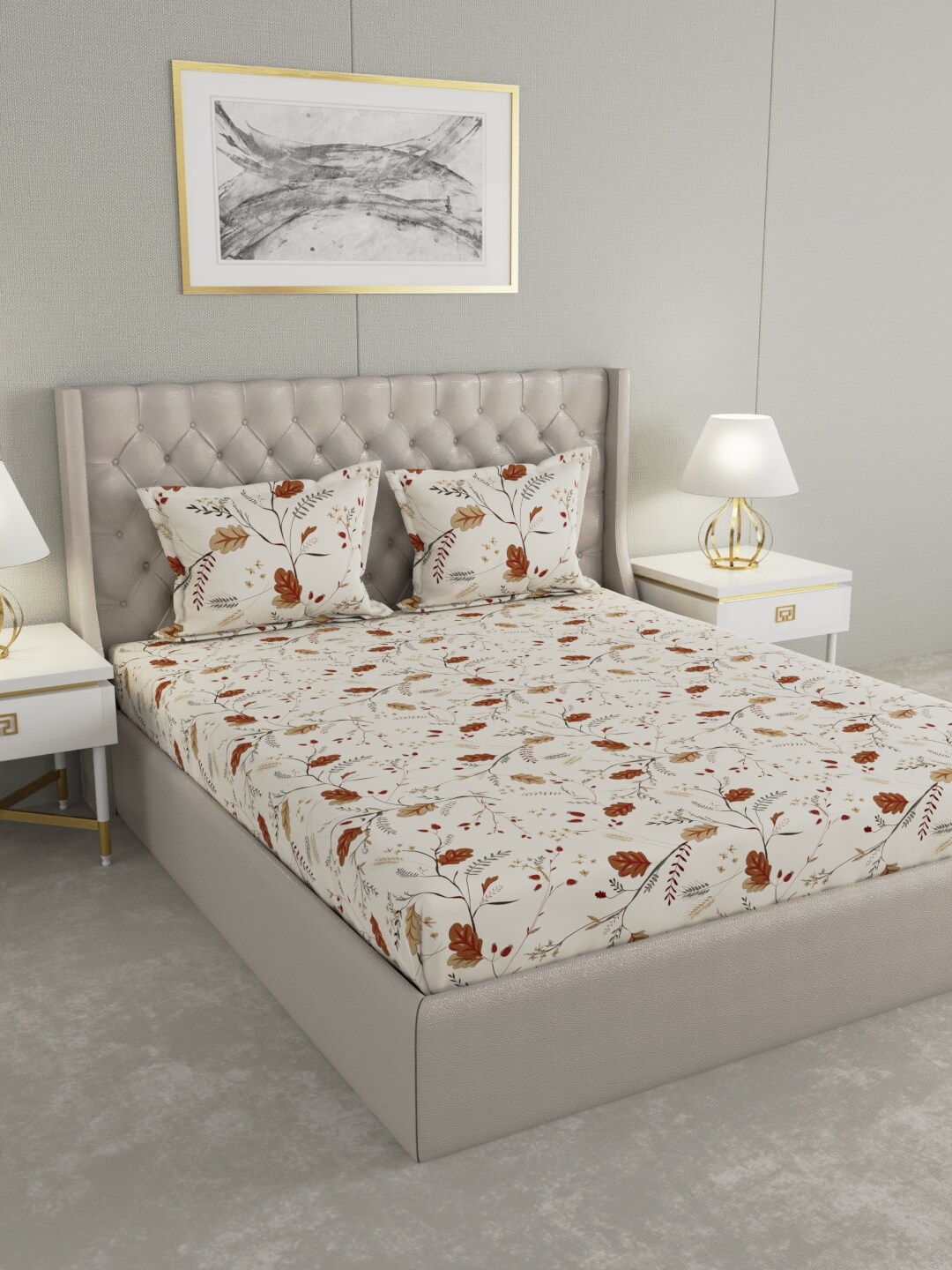 

Raymond Home Cream-Coloured & Brown Floral 100 TC King Bedsheet with 2 Pillow Covers