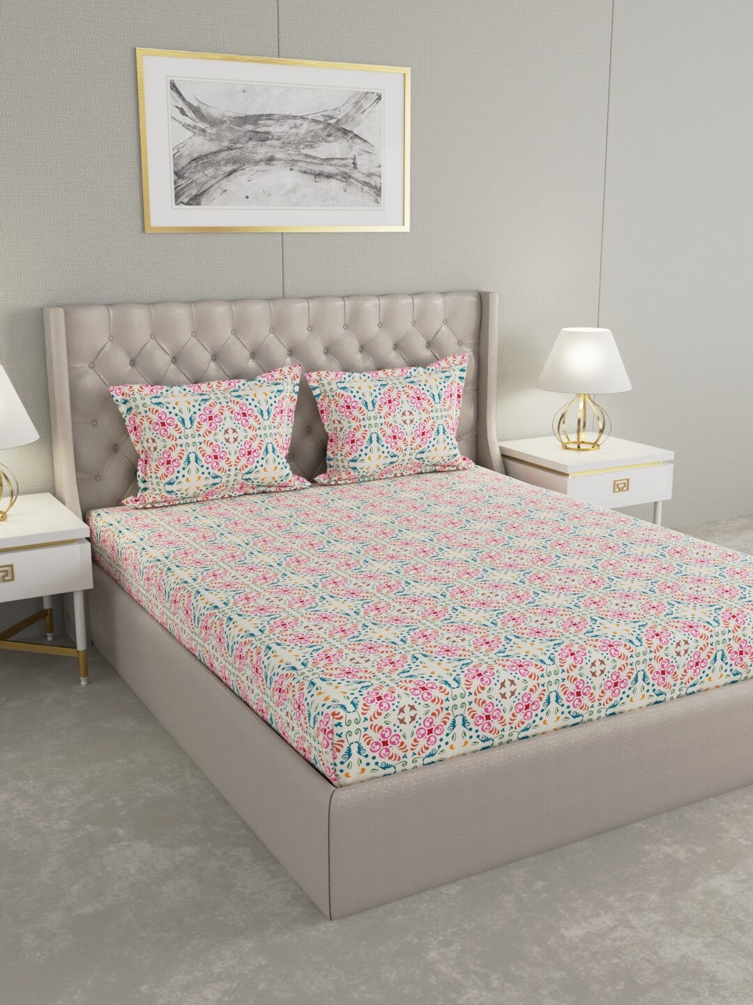 

Raymond Home Pink & Blue Floral 100 TC King Bedsheet with 2 Pillow Covers