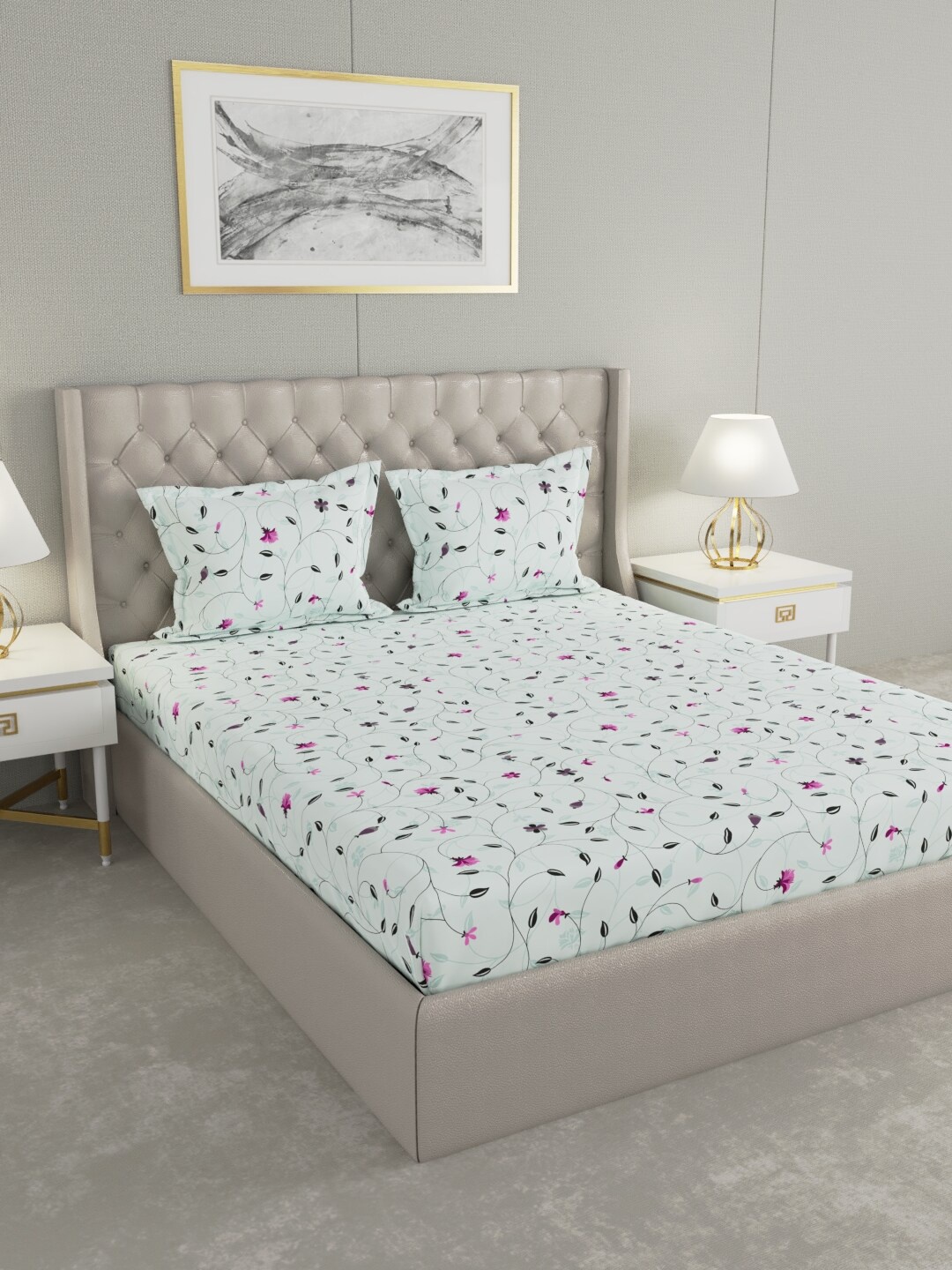 

Raymond Home Blue & Green Floral 100 TC King Bedsheet with 2 Pillow Covers
