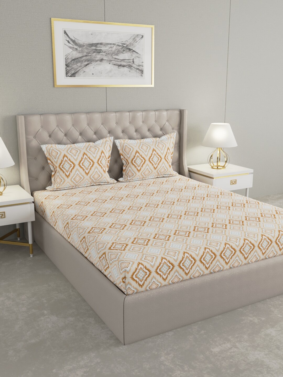 Raymond Home Brown & Blue Geometric 100 TC King Bedsheet with 2 Pillow Covers