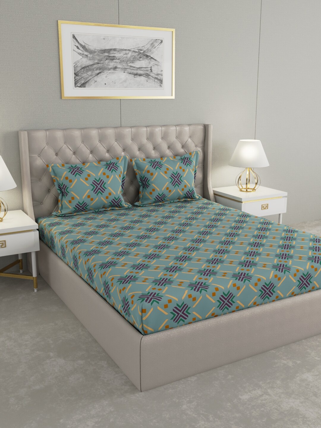 

Raymond Home Blue & Yellow Geometric 100 TC King Bedsheet with 2 Pillow Covers