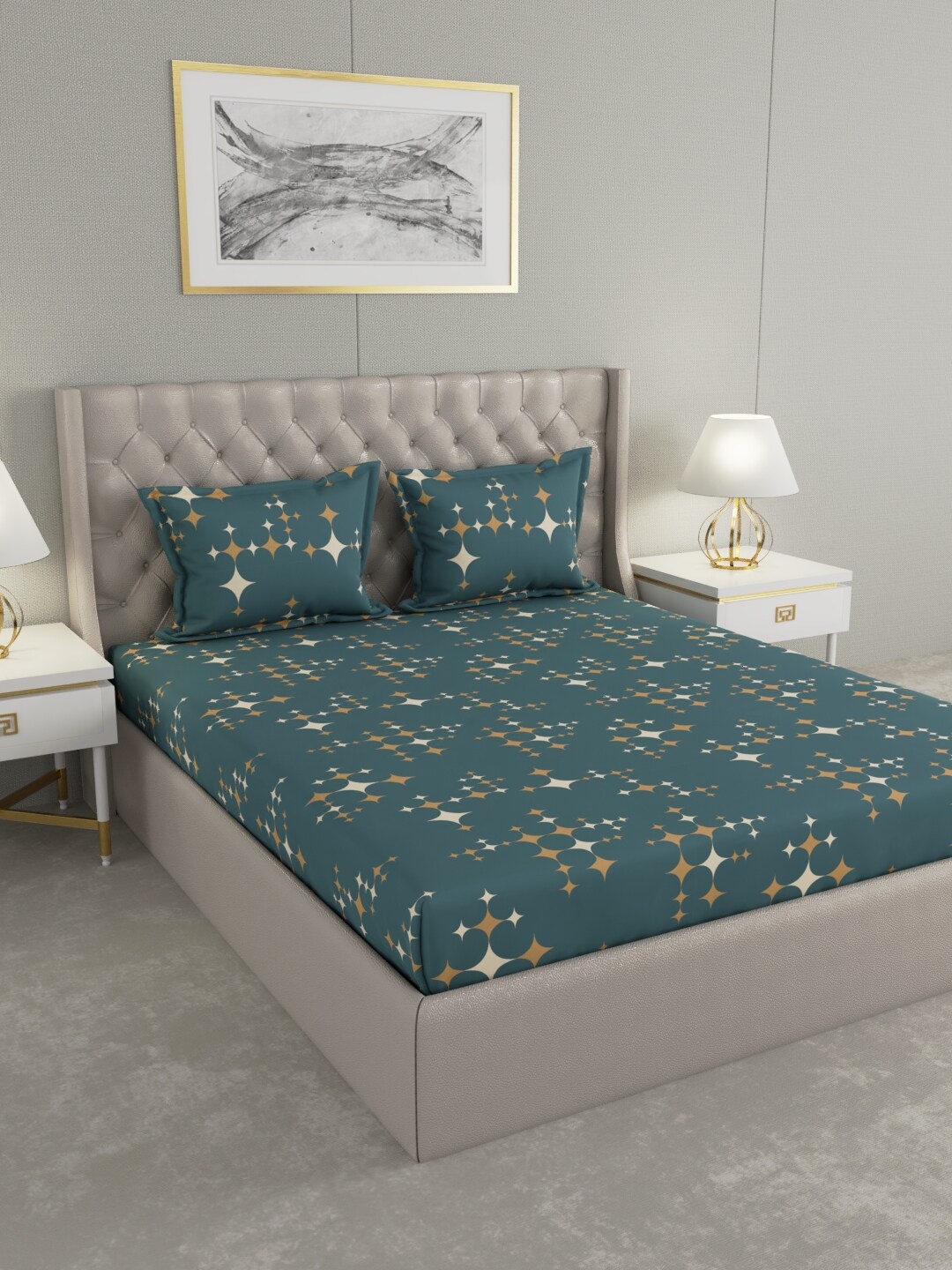

Raymond Home Blue & Brown Geometric 100 TC King Bedsheet with 2 Pillow Covers
