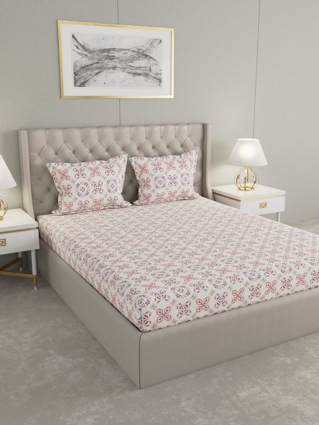 

Raymond Home White & Blue Ethnic Motifs 100 TC King Bedsheet with 2 Pillow Covers