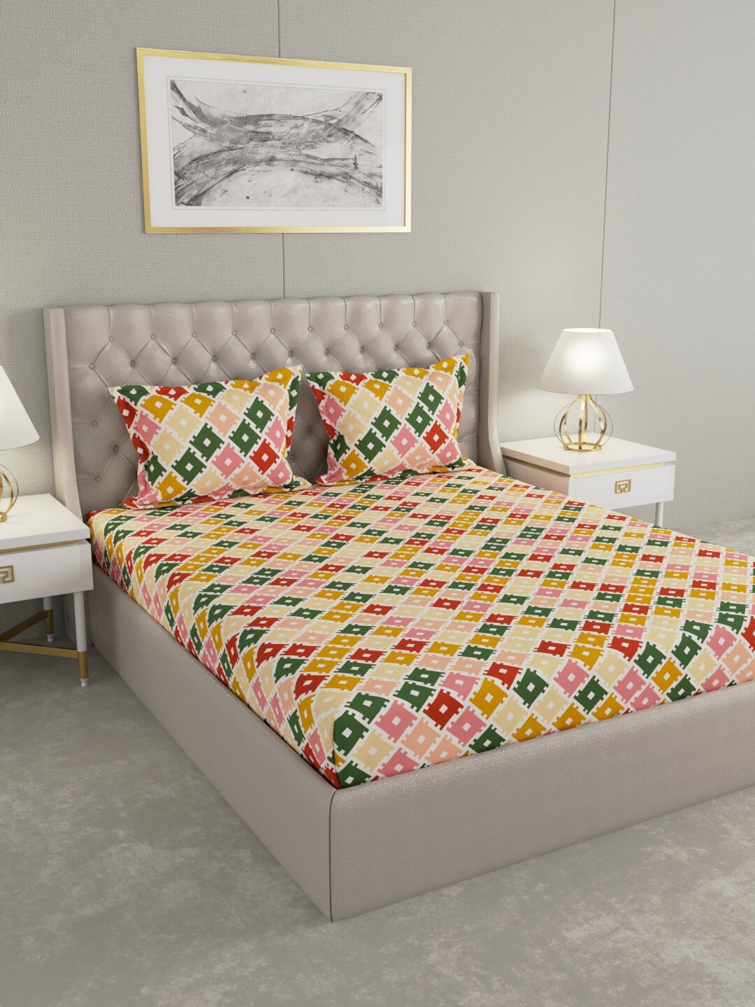 

Raymond Home Beige & Pink Geometric 100 TC King Bedsheet with 2 Pillow Covers