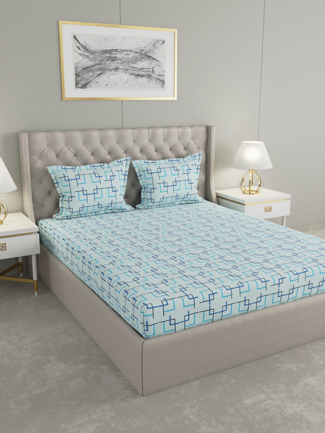 

Raymond Home Blue Geometric 100 TC King Bedsheet with 2 Pillow Covers