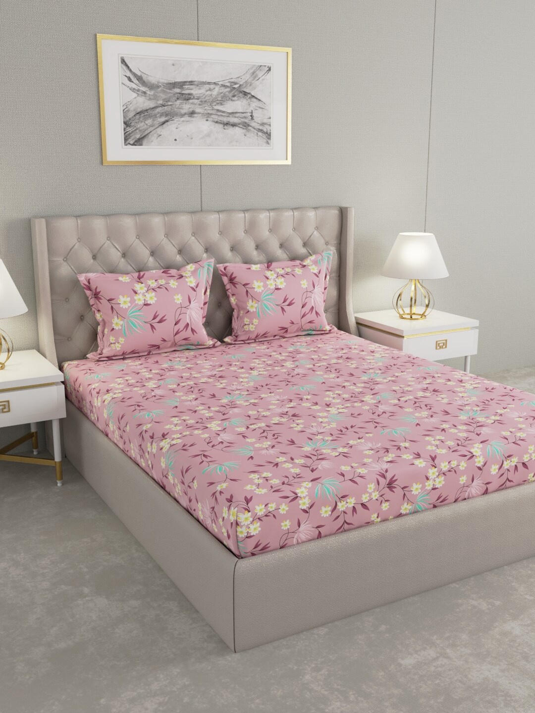 

Raymond Home Pink & Blue Floral 100 TC King Bedsheet with 2 Pillow Covers