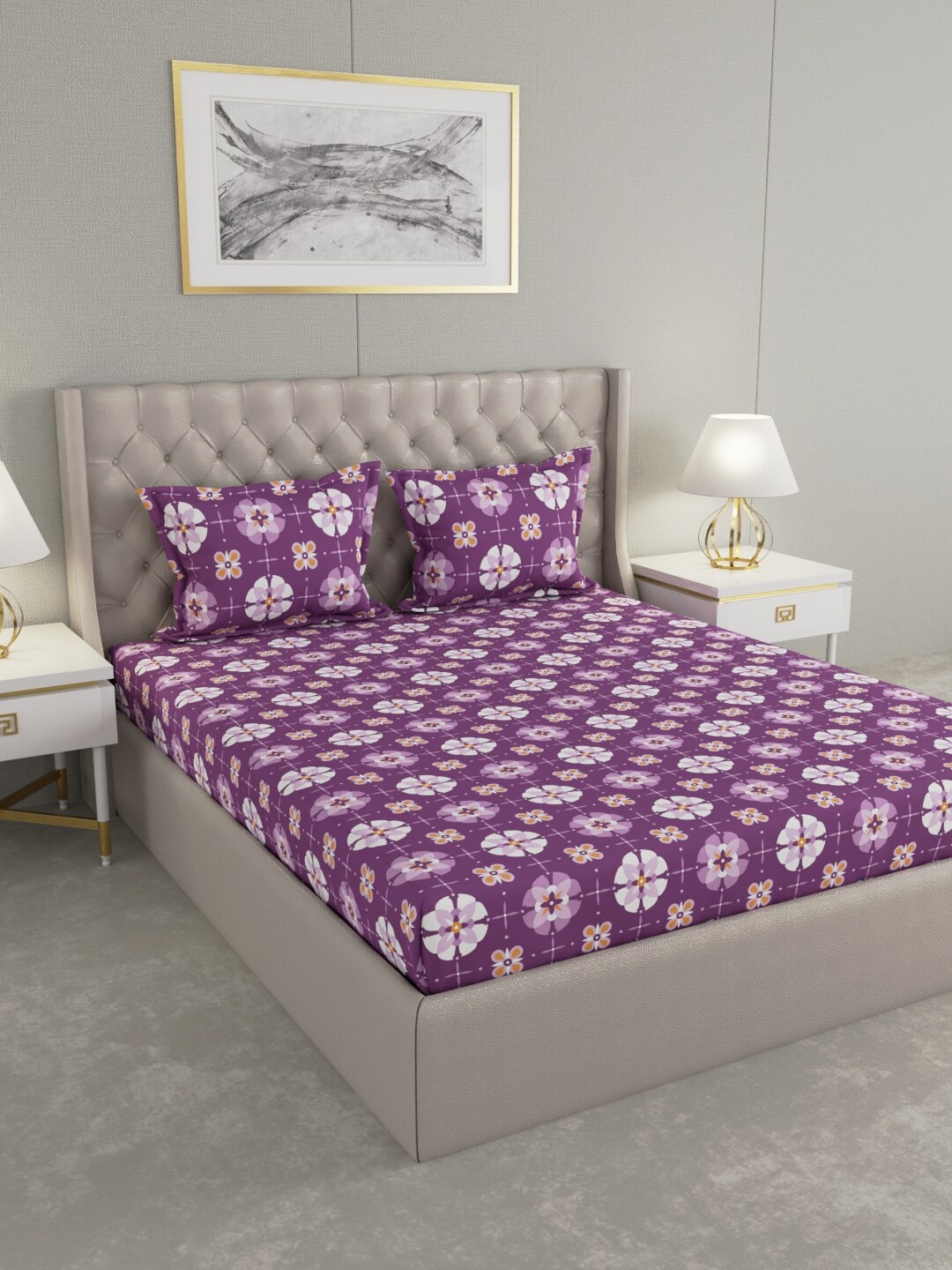 

Raymond Home Purple & White Floral 100 TC King Bedsheet with 2 Pillow Covers