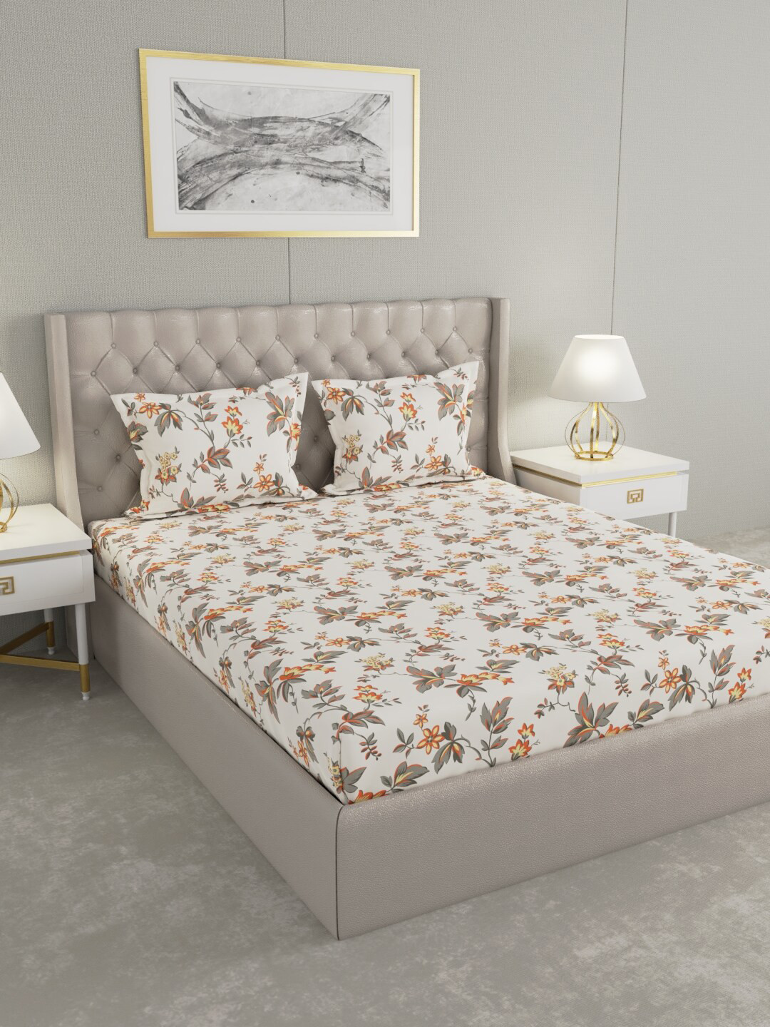

Raymond Home Orange & Cream-Coloured Floral 100 TC King Bedsheet with 2 Pillow Covers