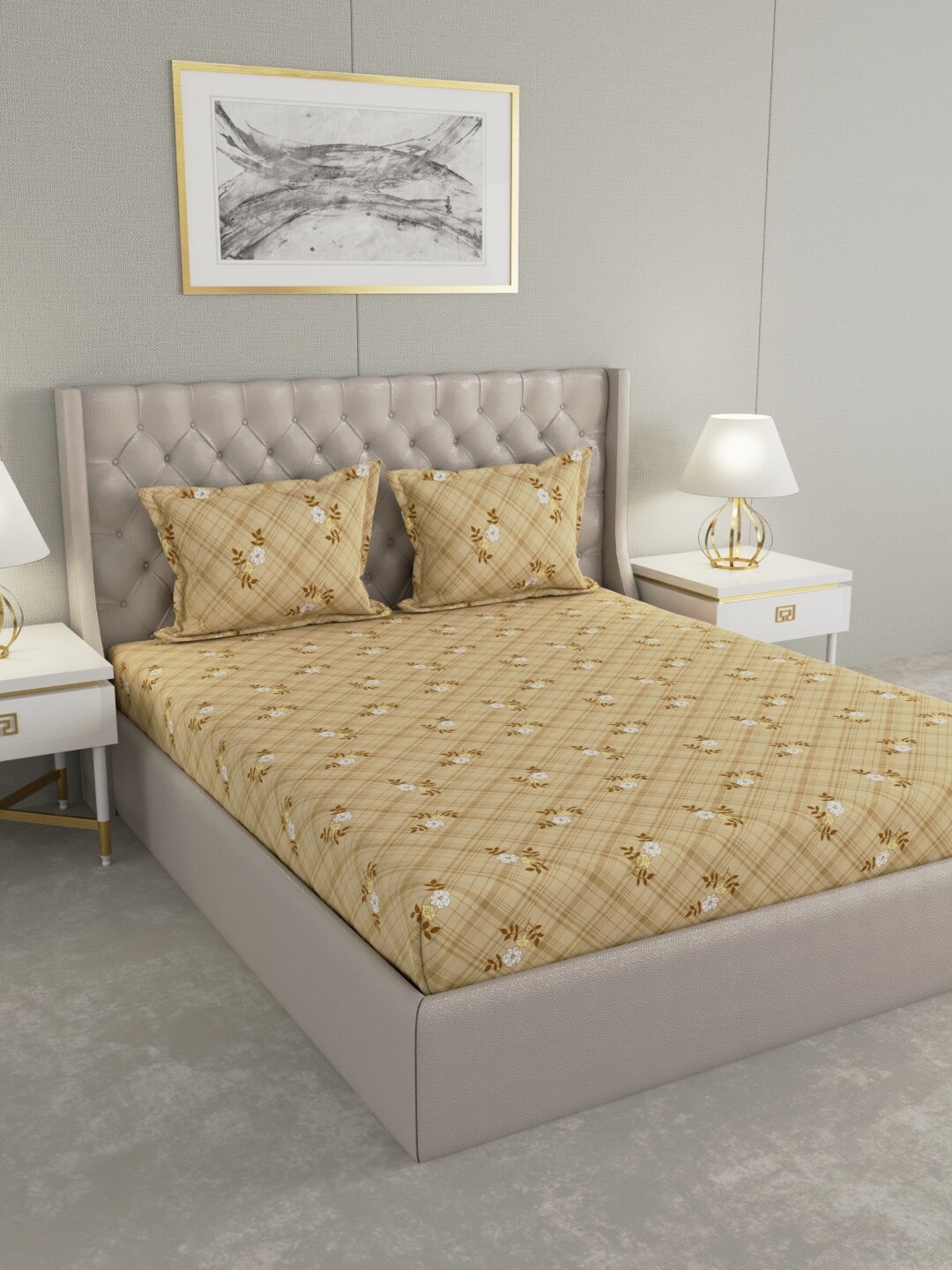 

Raymond Home Gold-Toned & White Floral 100 TC King Bedsheet with 2 Pillow Covers
