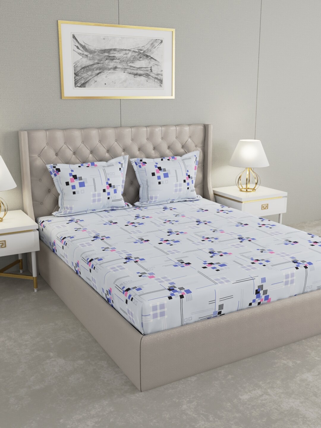 

Raymond Home Blue & White Geometric 100 TC King Bedsheet with 2 Pillow Covers