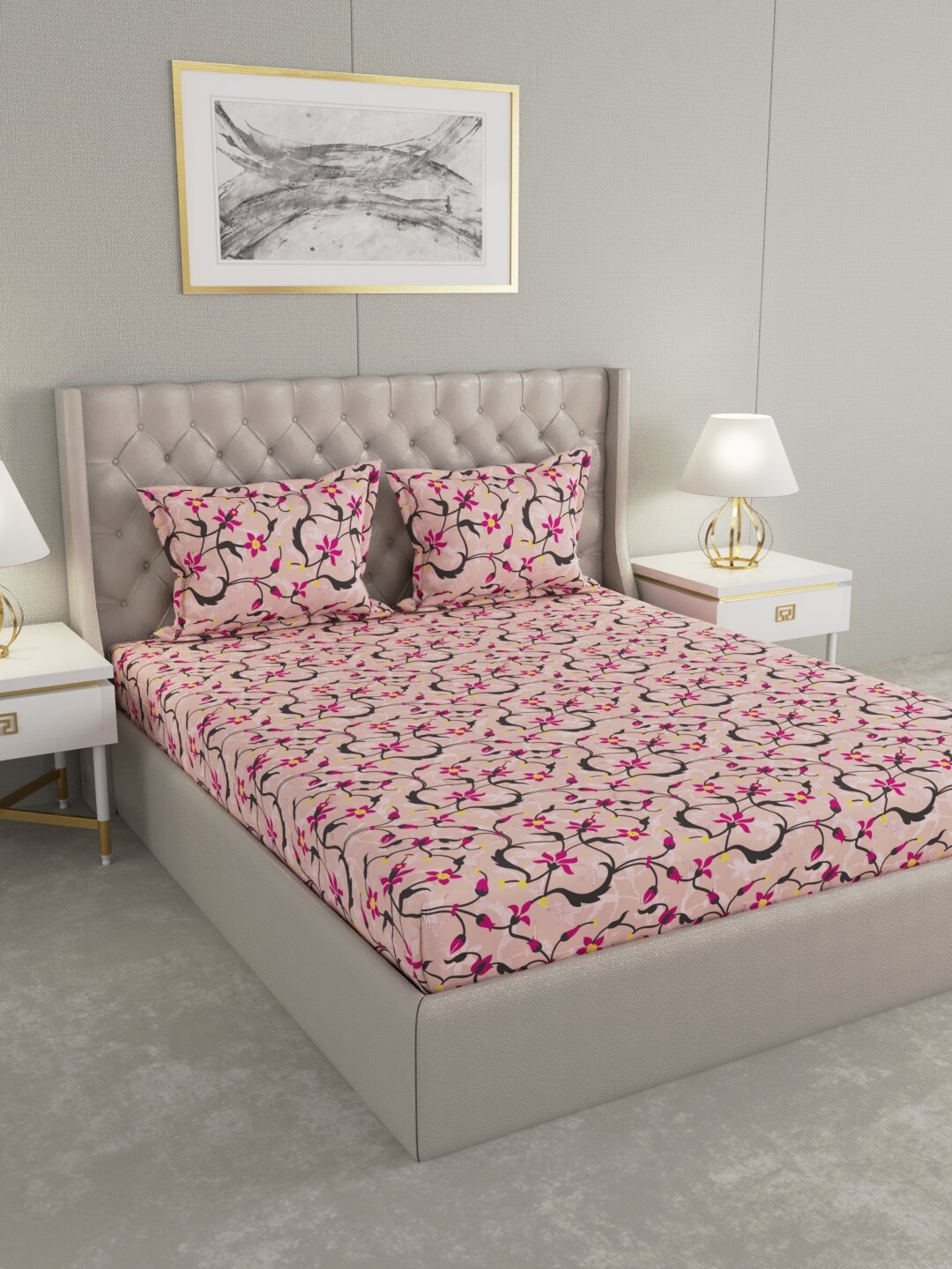 

Raymond Home Pink & Green Floral 100 TC King Bedsheet with 2 Pillow Covers