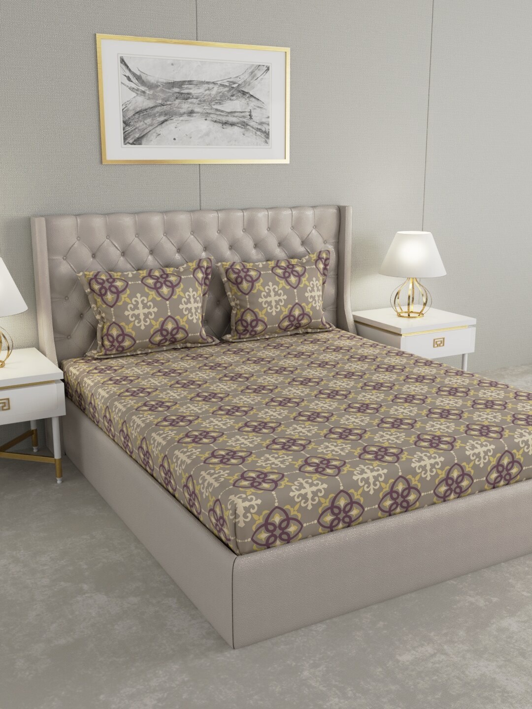 

Raymond Home Grey & Yellow Ethnic Motifs 100 TC King Bedsheet with 2 Pillow Covers