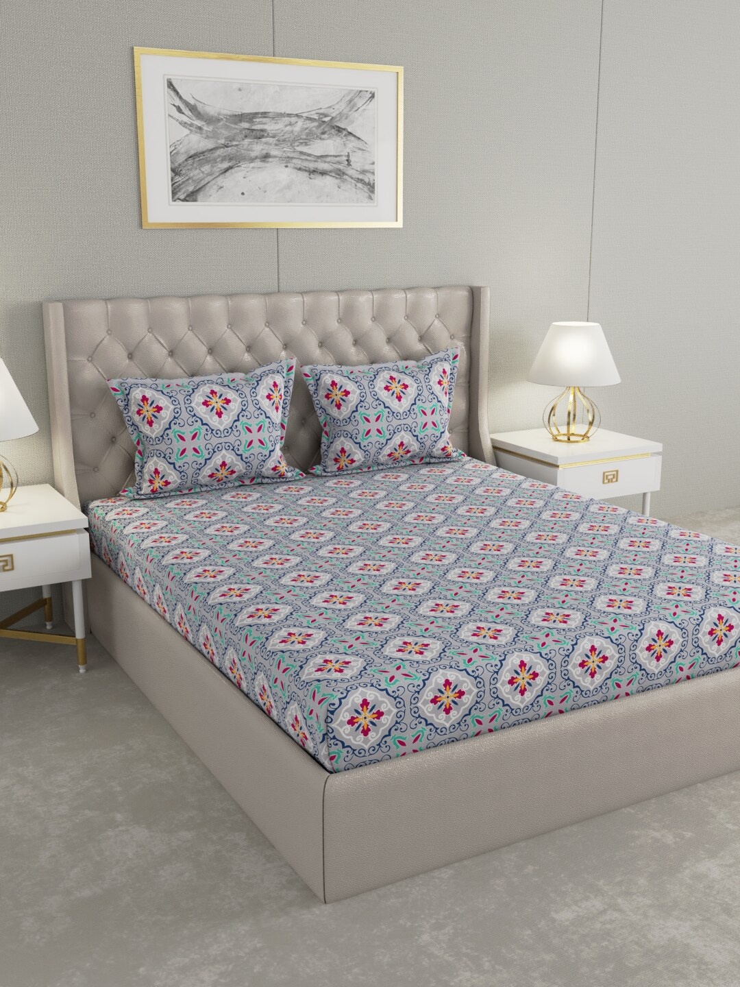 

Raymond Home Blue & Red Ethnic Motifs 100 TC King Bedsheet with 2 Pillow Covers